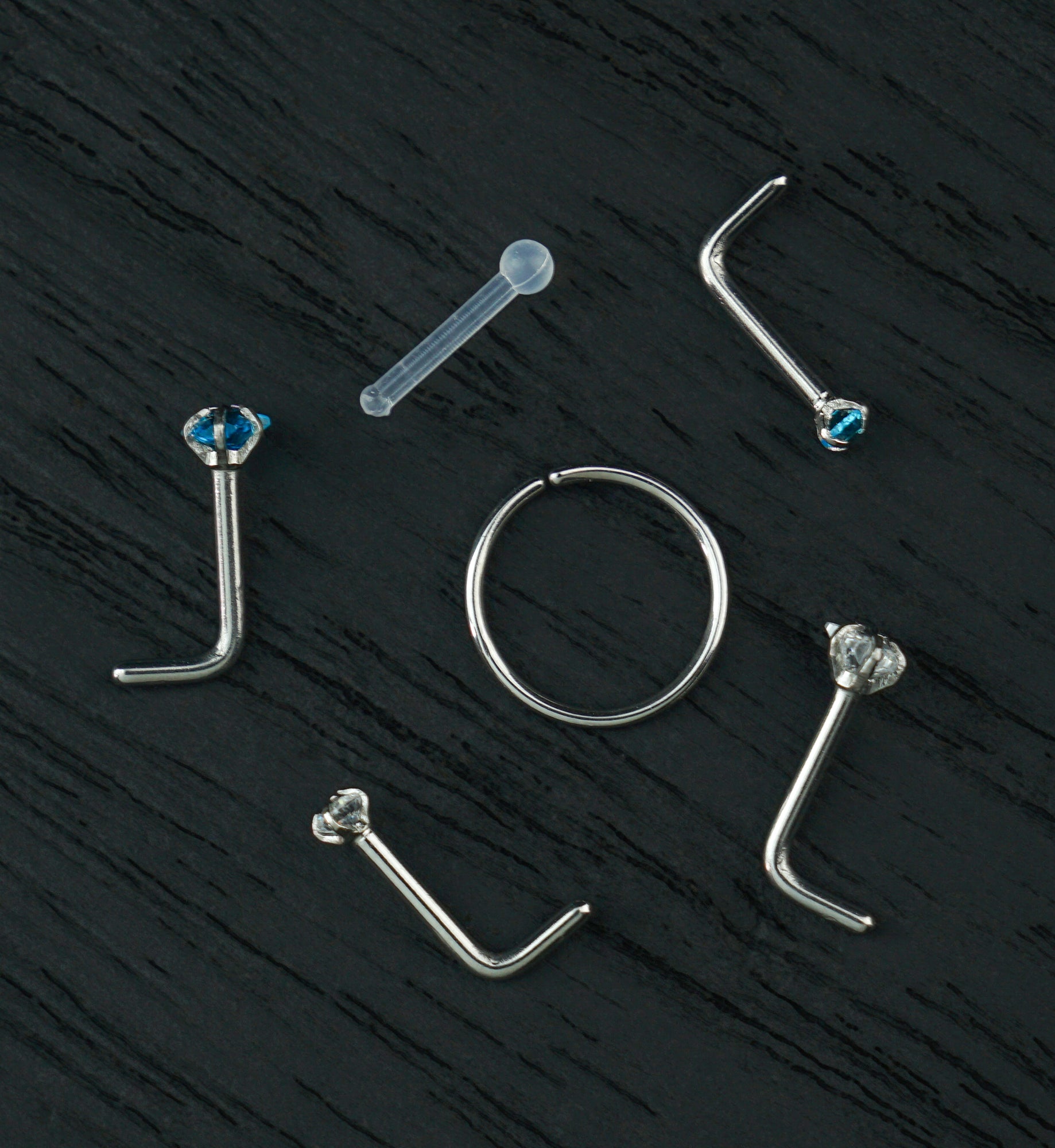 Star Clear/Aqua CZ Stainless Steel L Bend/Stud/Hoop Variety Pack (6 Pack)