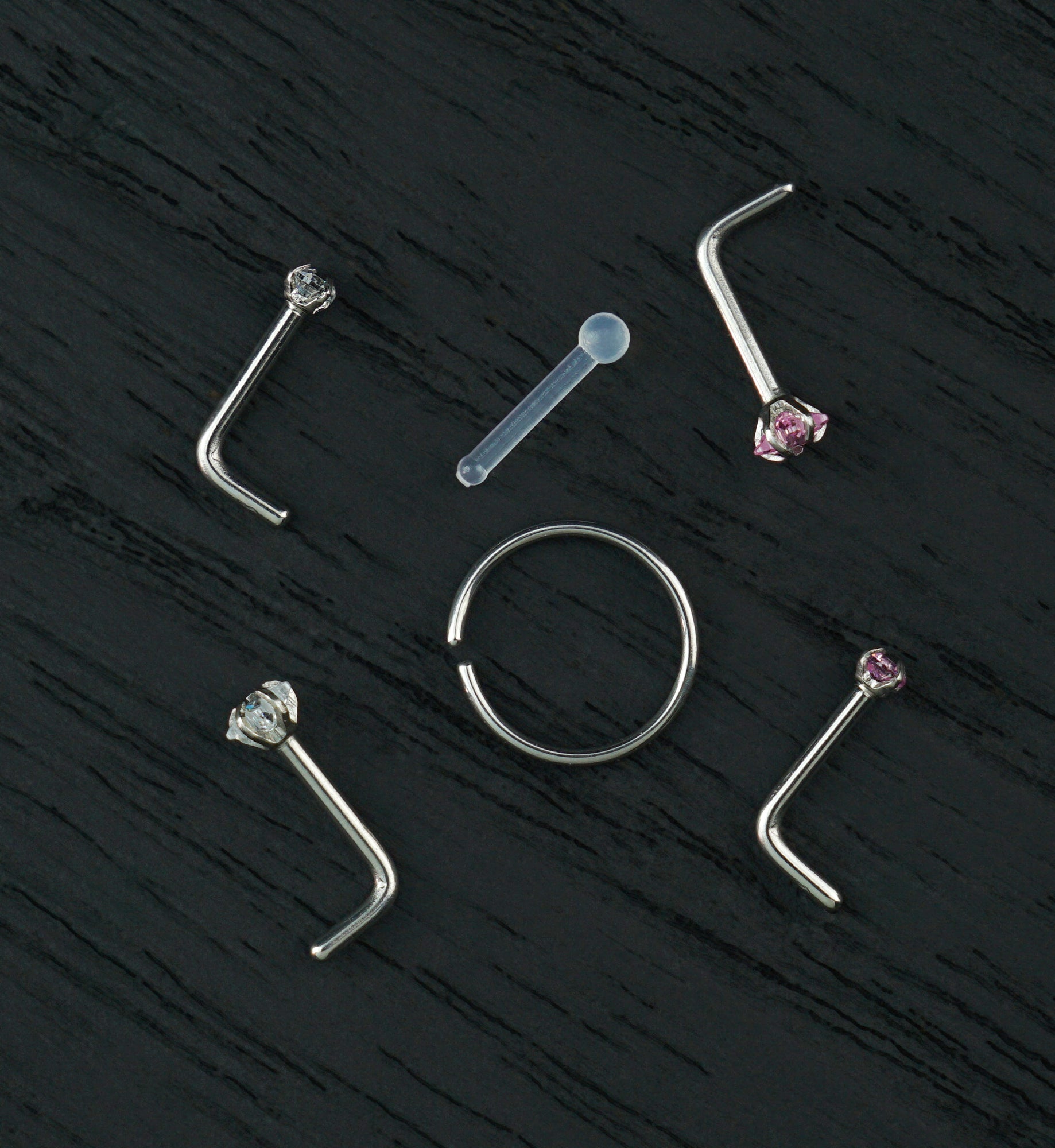 Star Clear/Pink CZ Stainless Steel L Bend/Stud/Hoop Variety Pack (6 Pack)