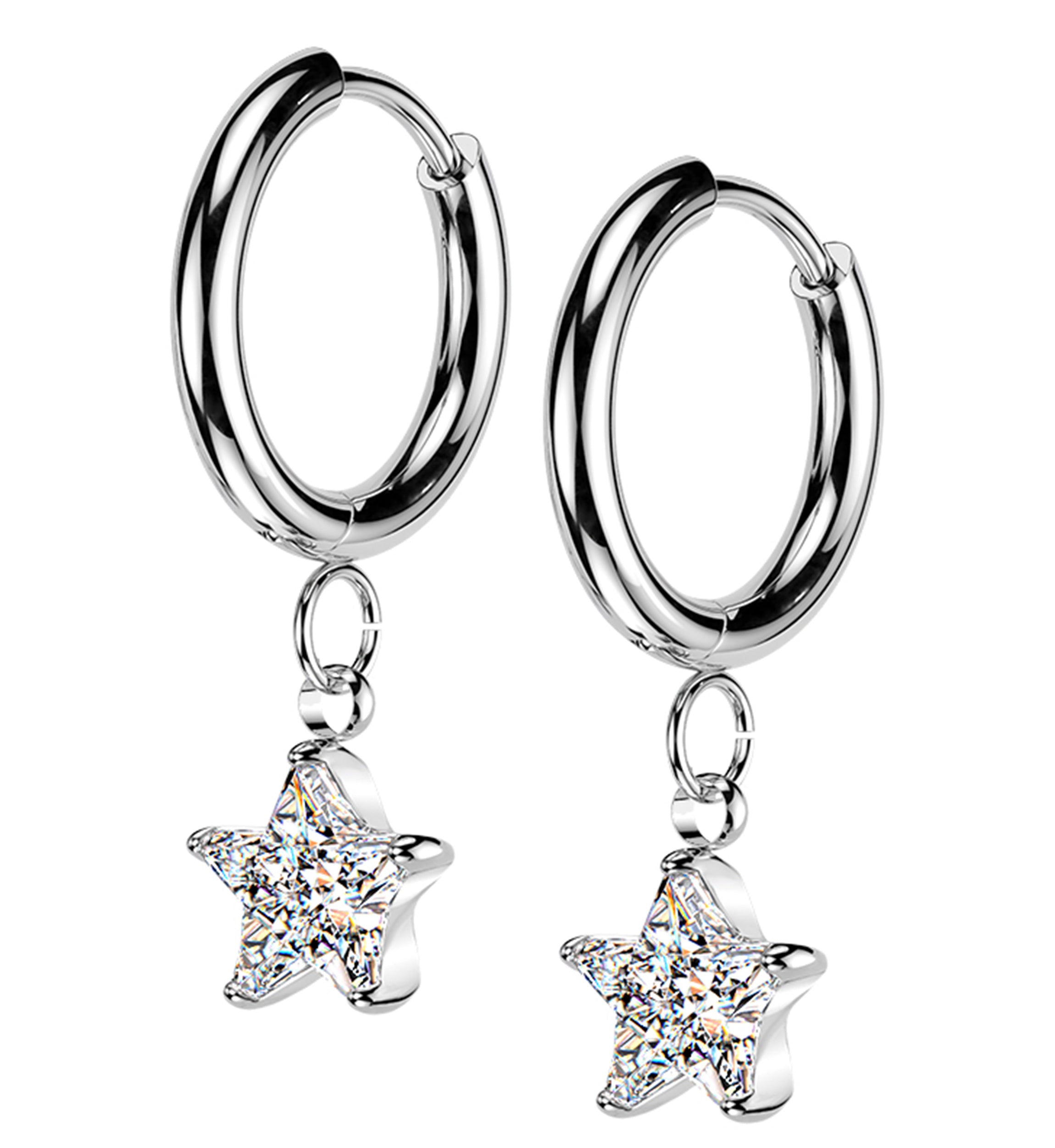 Star CZ Stainless Steel Hinged Hoop Huggie Dangle Earrings