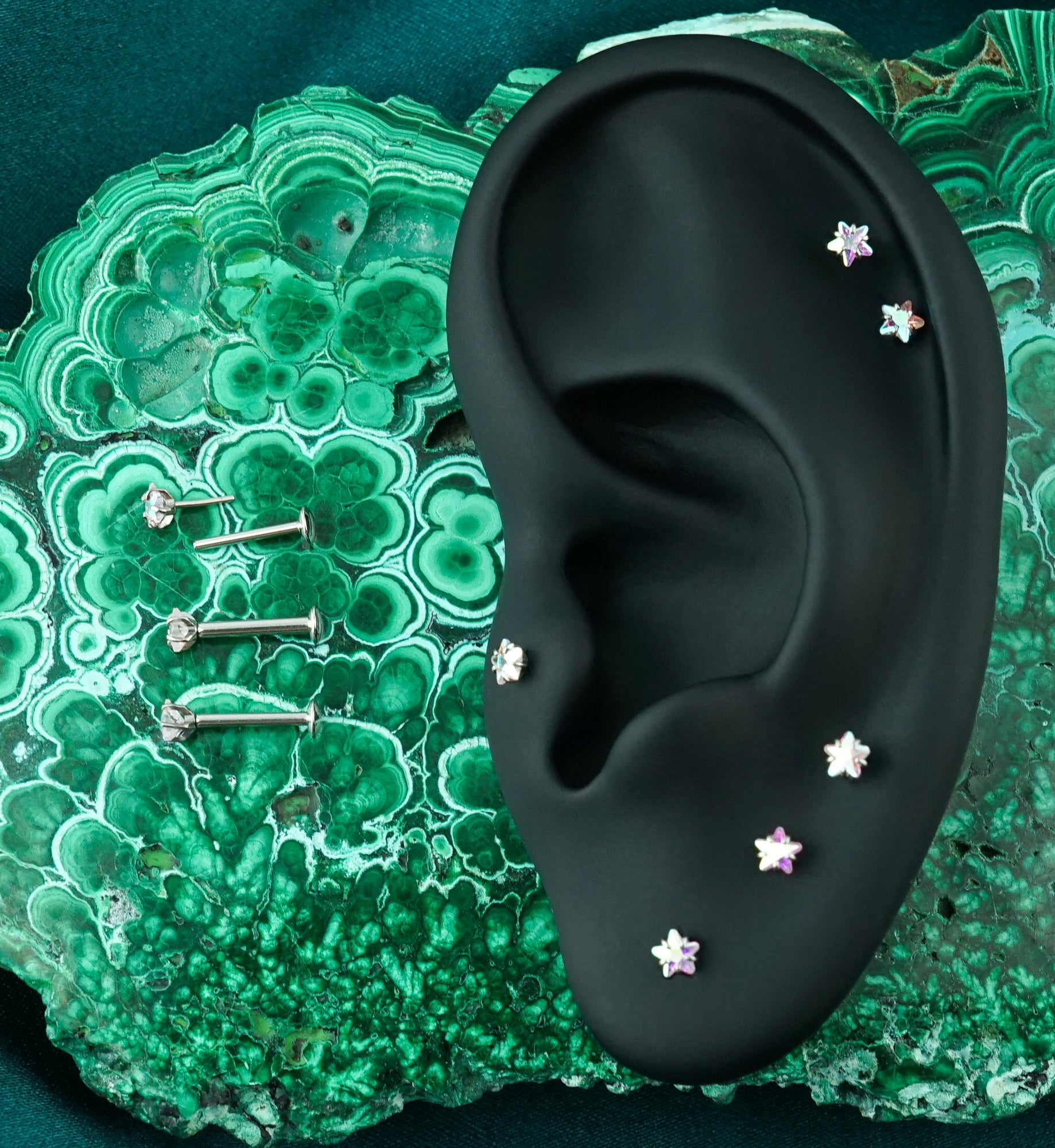 Star Prong Rainbow Aurora CZ Stainless Steel Threadless Convex Disk Labret