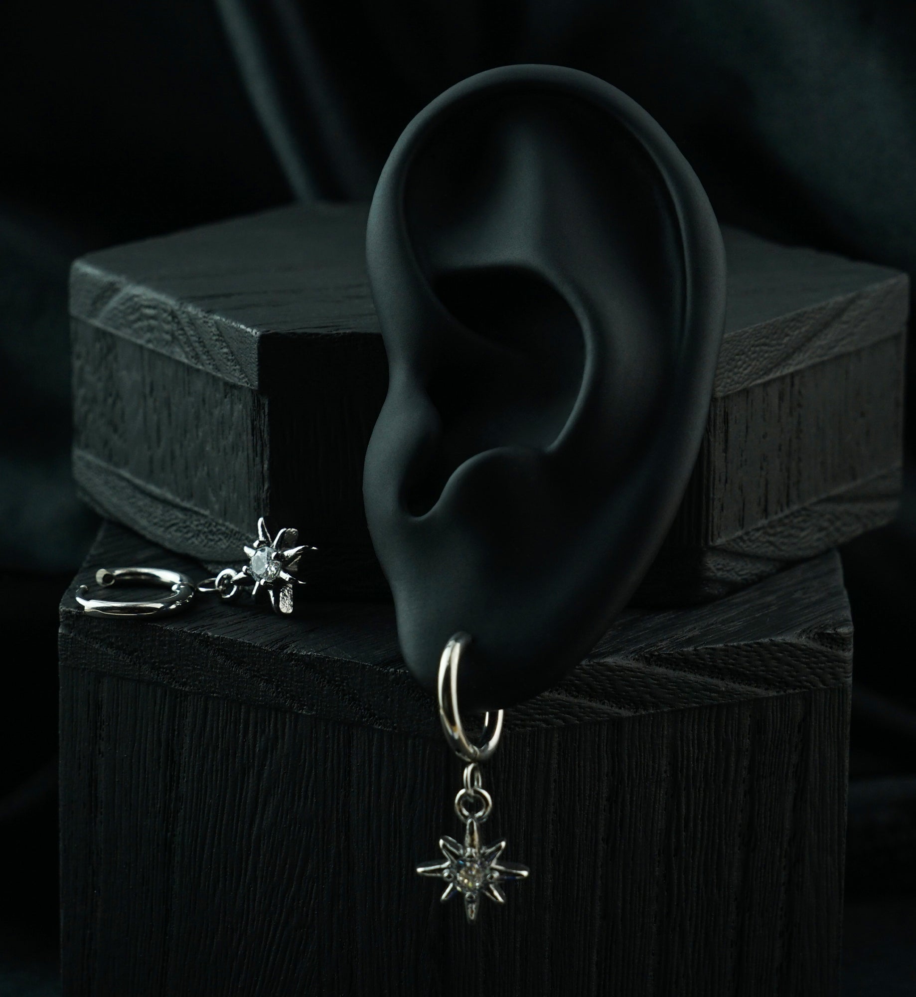 Starburst Clear CZ Stainless Steel Hinged Hoop Huggie Dangle Earrings