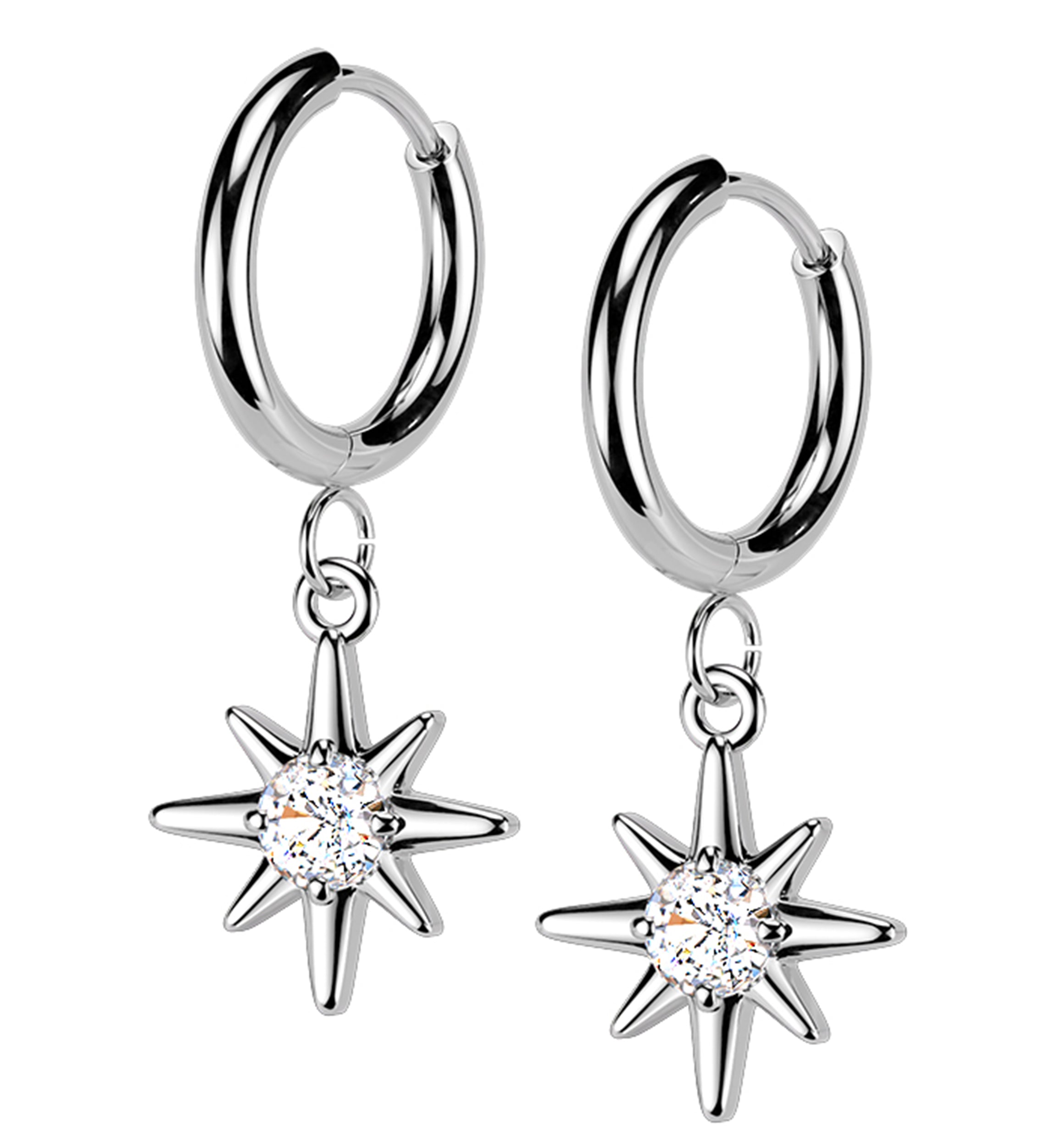 Starburst Clear CZ Stainless Steel Hinged Hoop Huggie Dangle Earrings