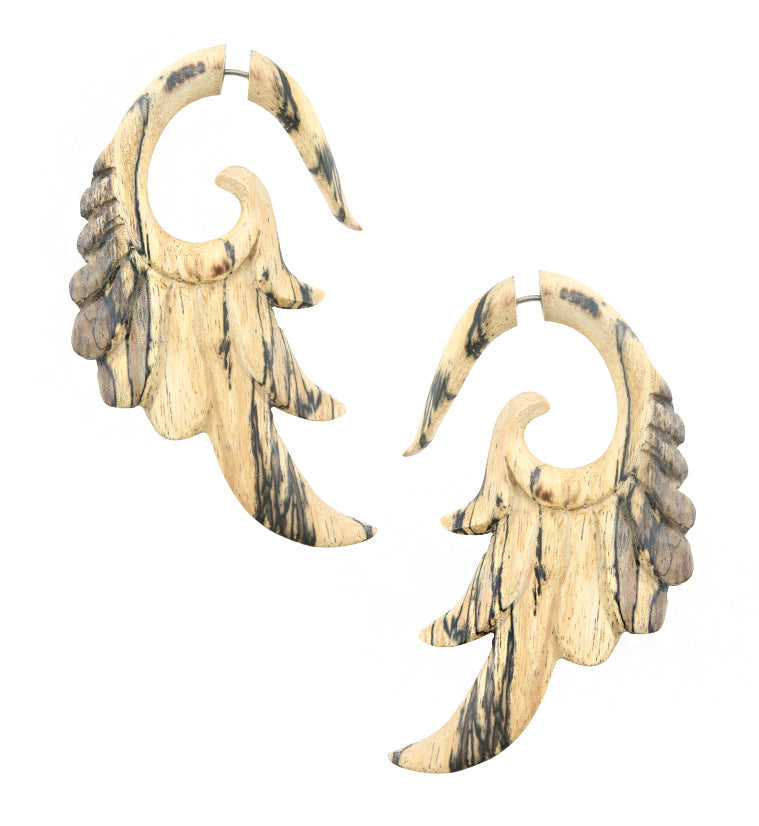 Tamarind Wood Angel Wing Fake Gauge Talon Spiral Tribal Earrings