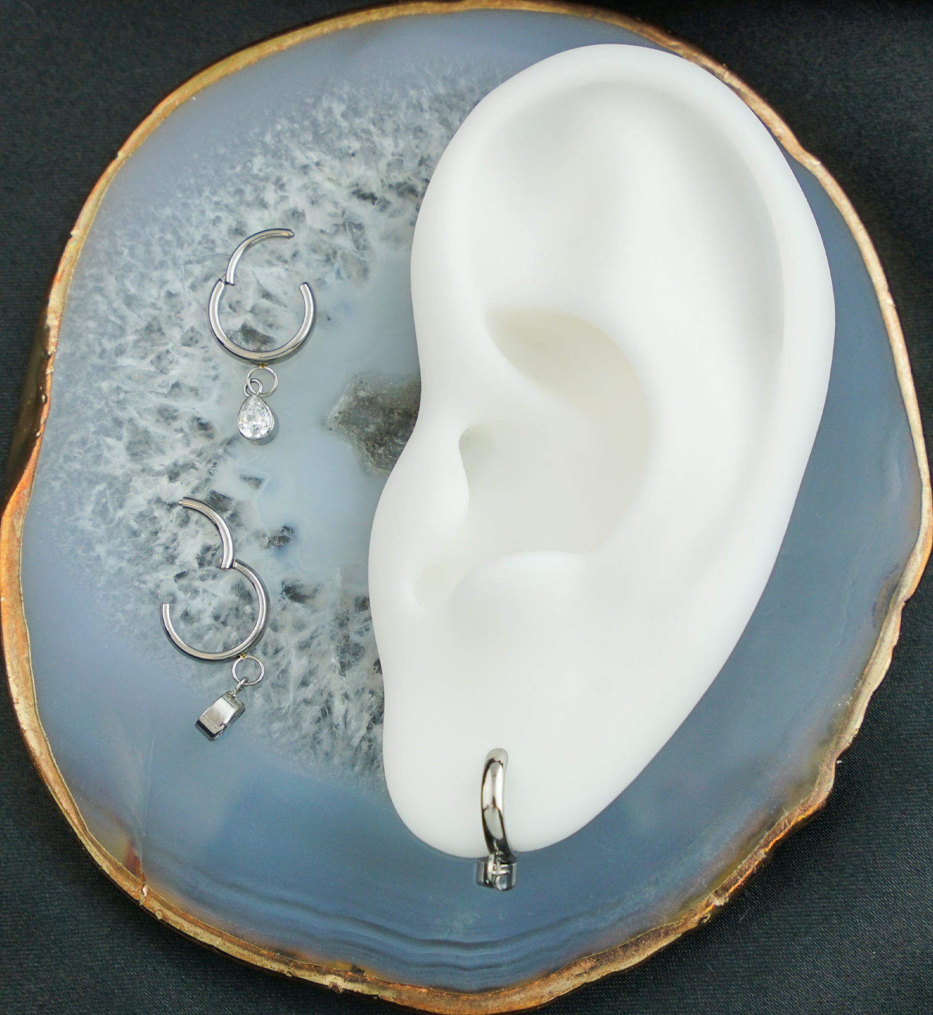 Teardrop Clear CZ Dangle Titanium Hinged Segment Ring