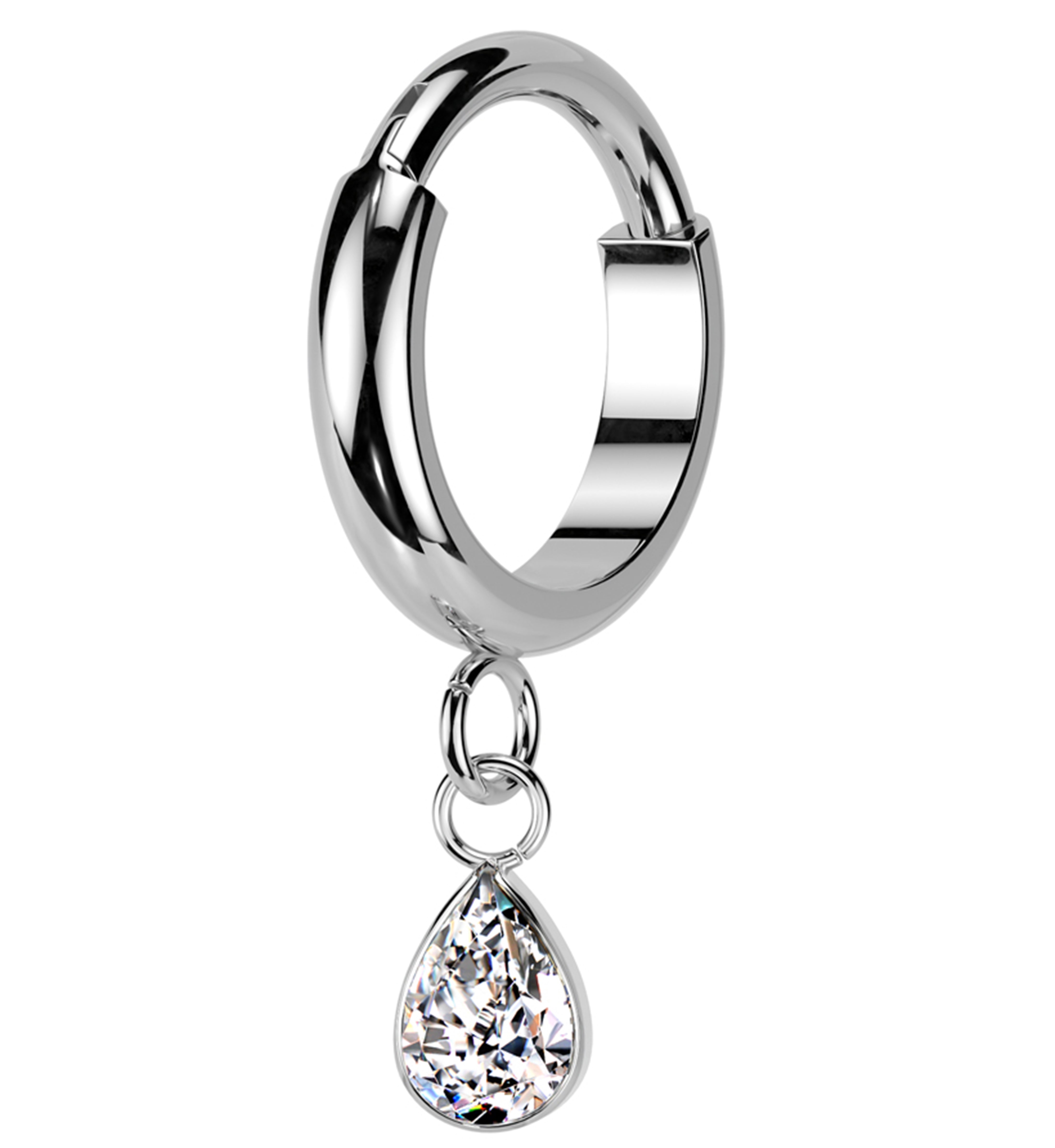Teardrop Clear CZ Dangle Titanium Hinged Segment Ring
