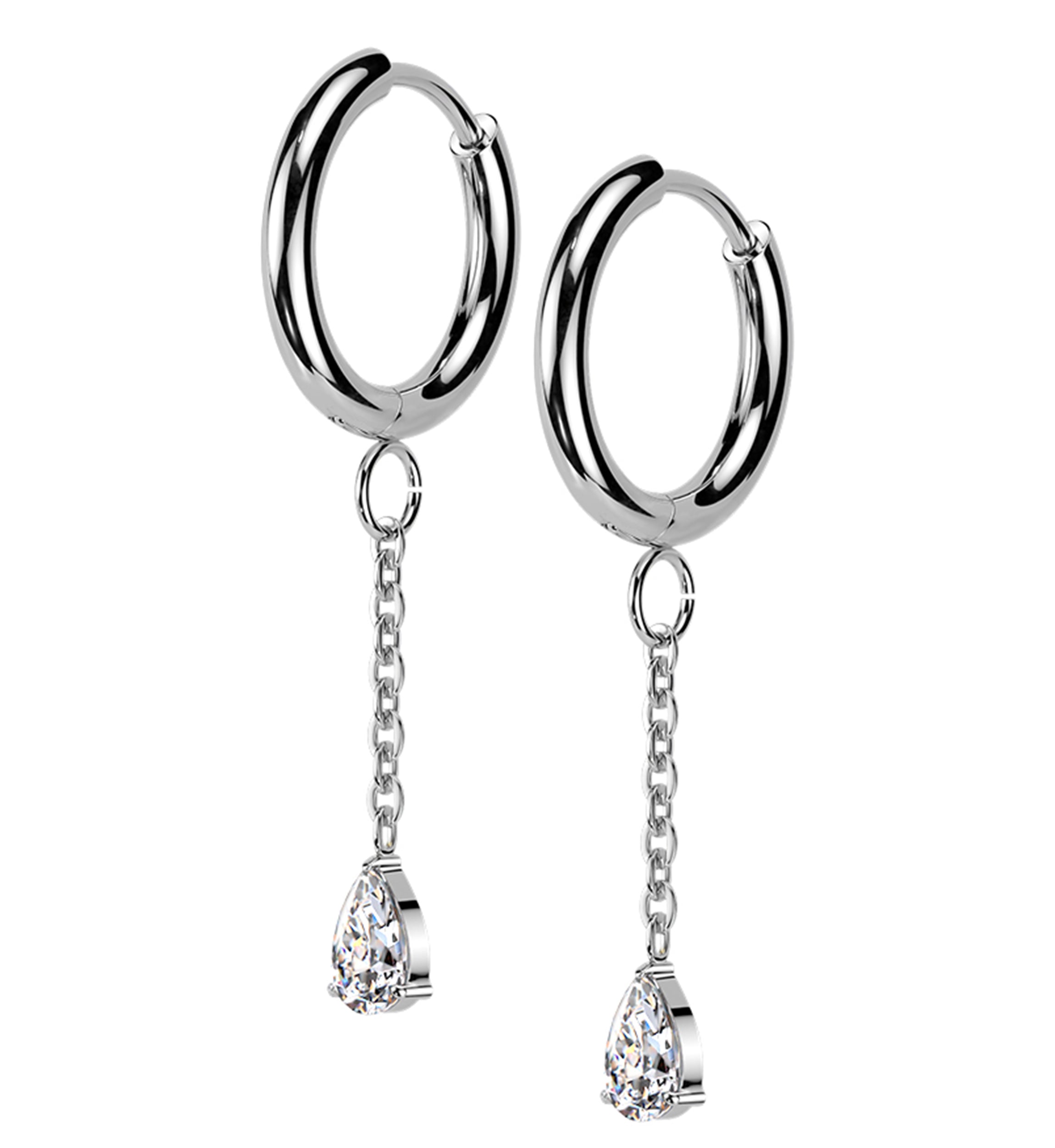 Teardrop CZ Dangle Stainless Steel Hinged Hoop Huggie Earrings
