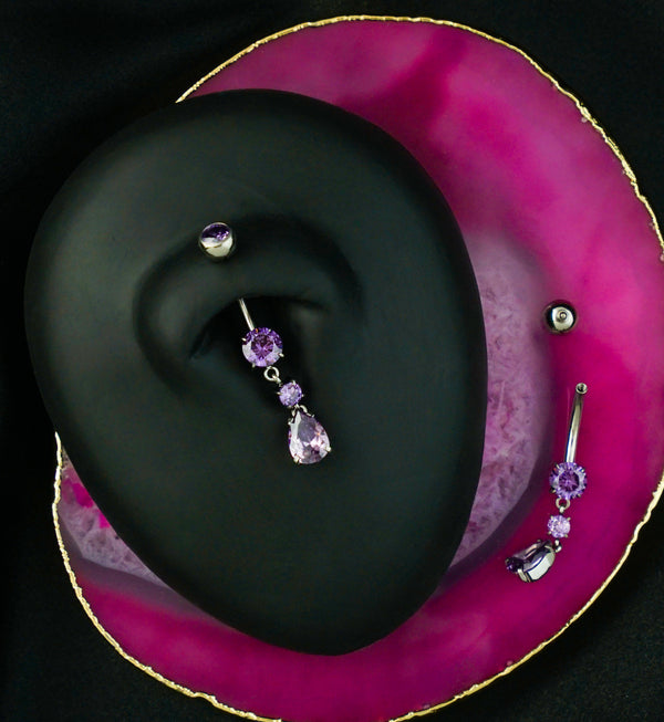 Teardrop Dangle Amethyst Purple CZ Internally Threaded Titanium Belly Button Ring