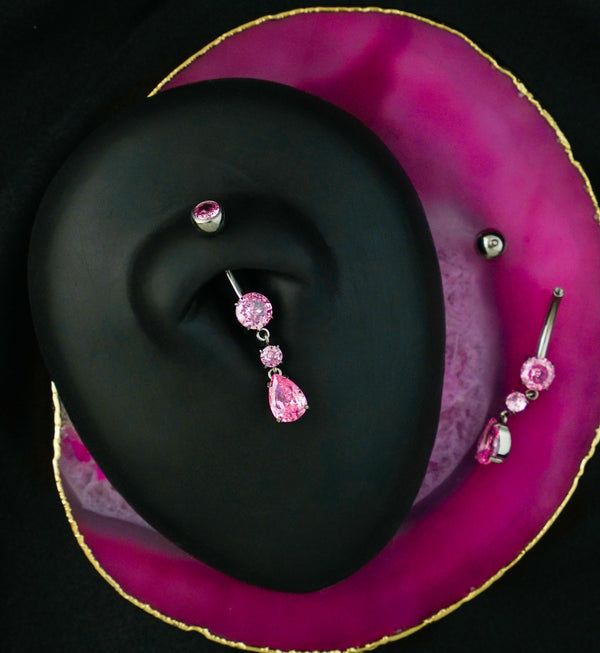 Teardrop Dangle Pink CZ Internally Threaded Titanium Belly Button Ring