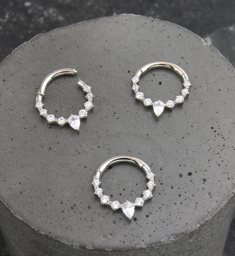 Teardrop Icicle Clear CZ Titanium Hinged Segment Ring