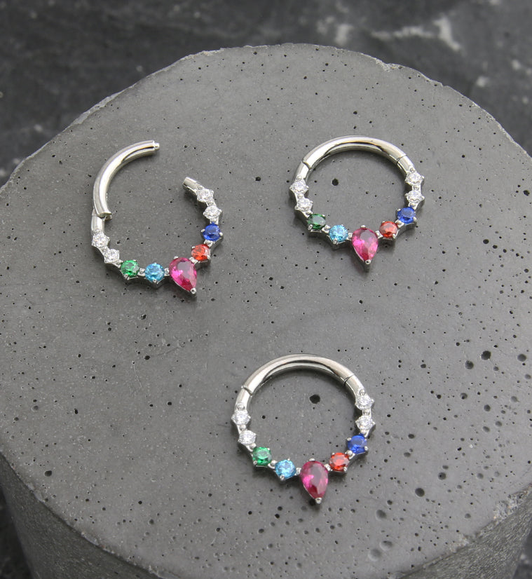 Teardrop Icicle Rainbow CZ Titanium Hinged Segment Ring