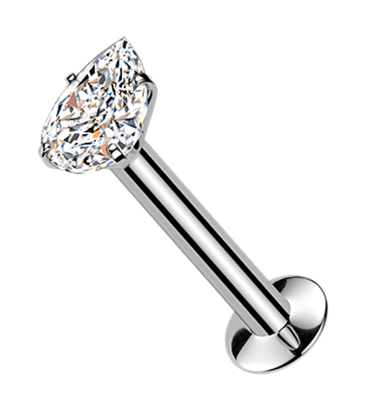 Teardrop Prong Clear CZ Stainless Steel Threadless Convex Disk Labret