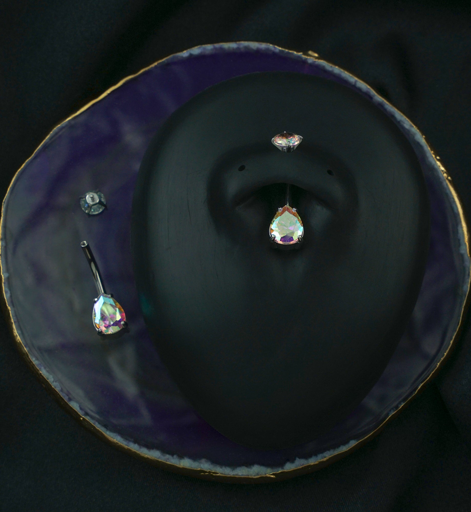 Teardrop Rainbow Aurora CZ Internally Threaded Stainless Steel Belly Button Ring