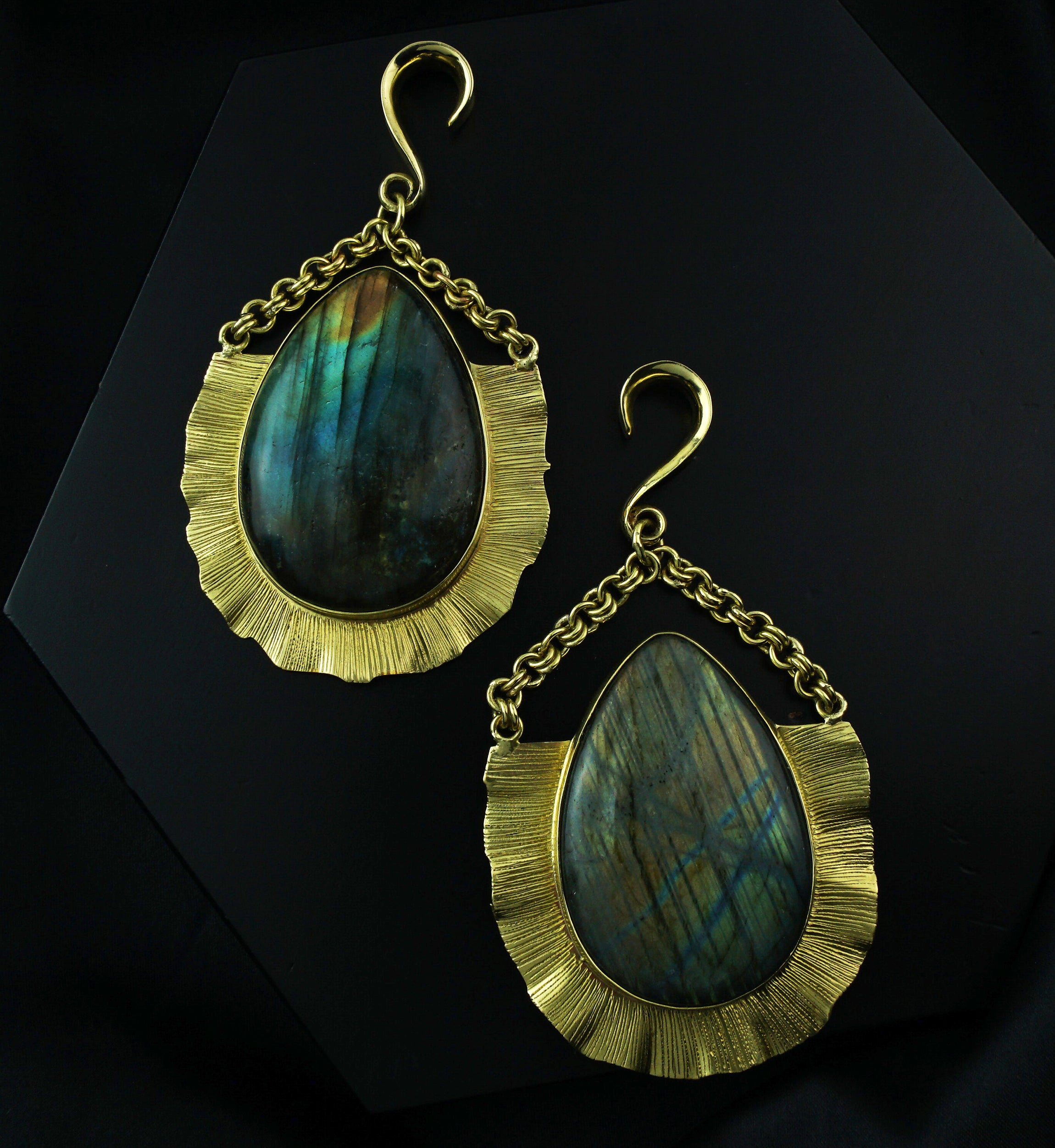 Teardrop Score Labradorite Stone Hanging Brass Ear Weights