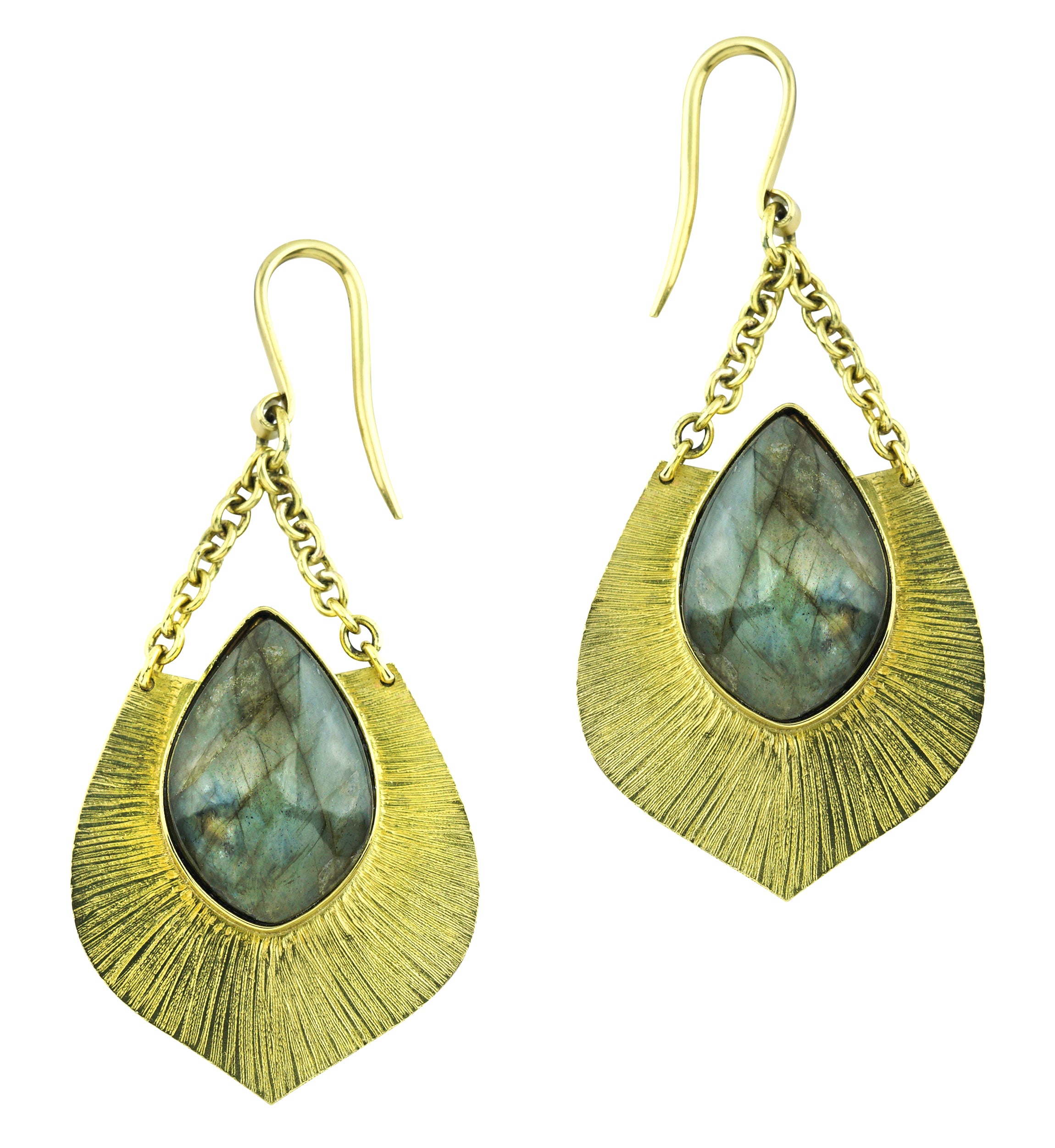 Teardrop Score Labradorite Stone Hanging Brass Earrings/Hangers