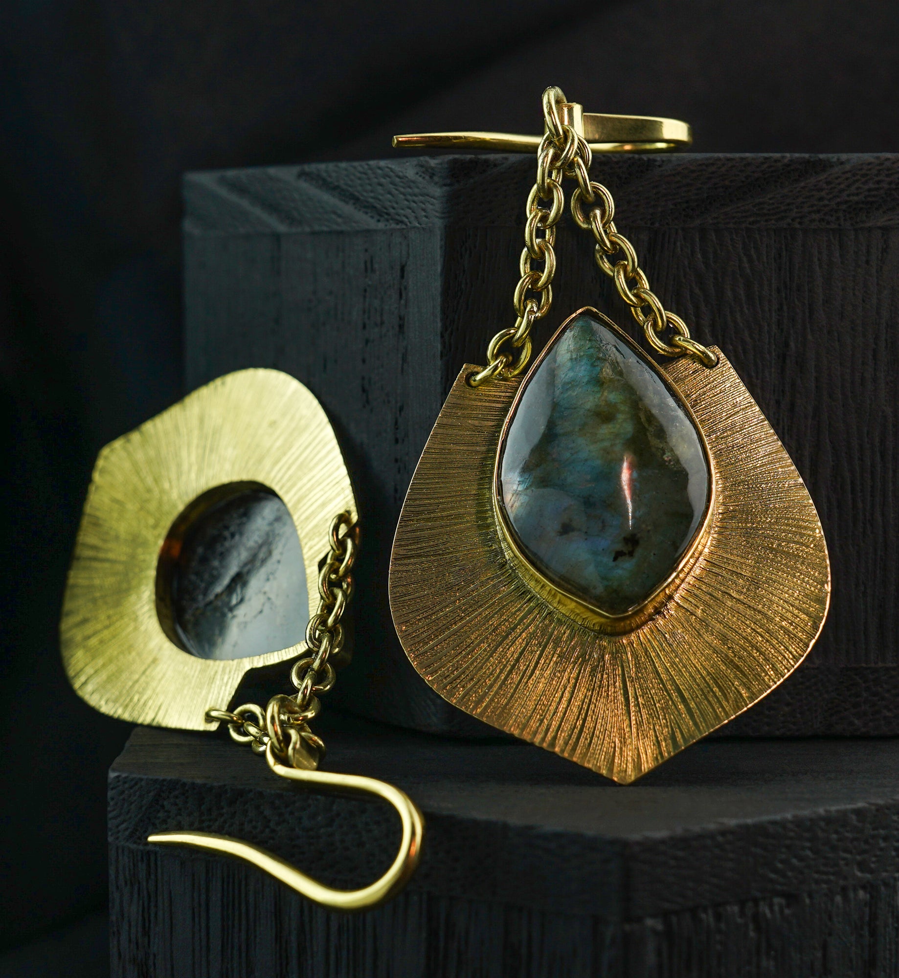 Teardrop Score Labradorite Stone Hanging Brass Earrings/Hangers
