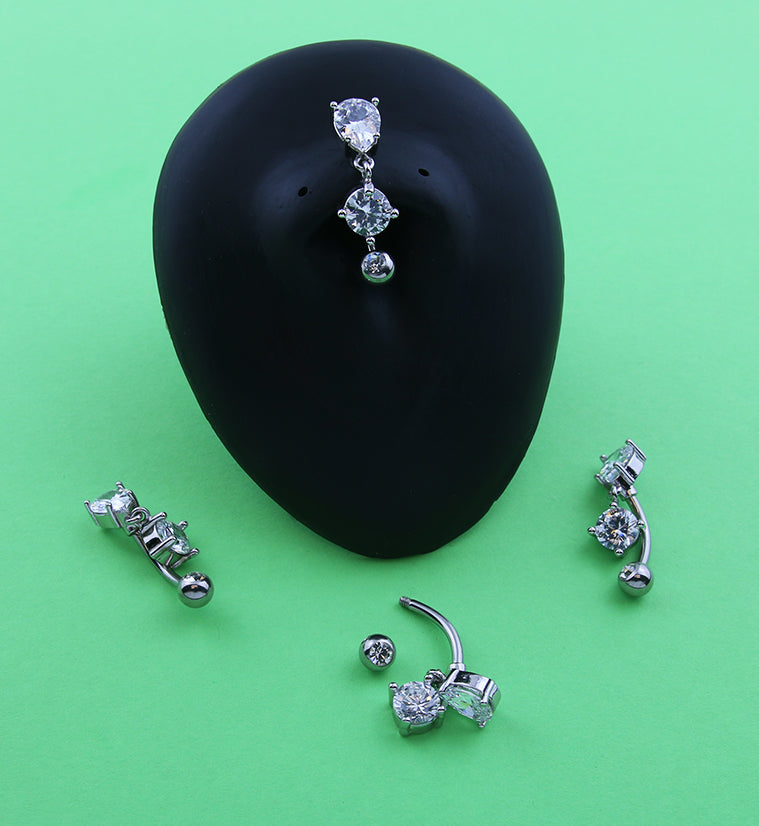 Teardrop Top Clear CZ Dangle Stainless Steel Belly Button Ring