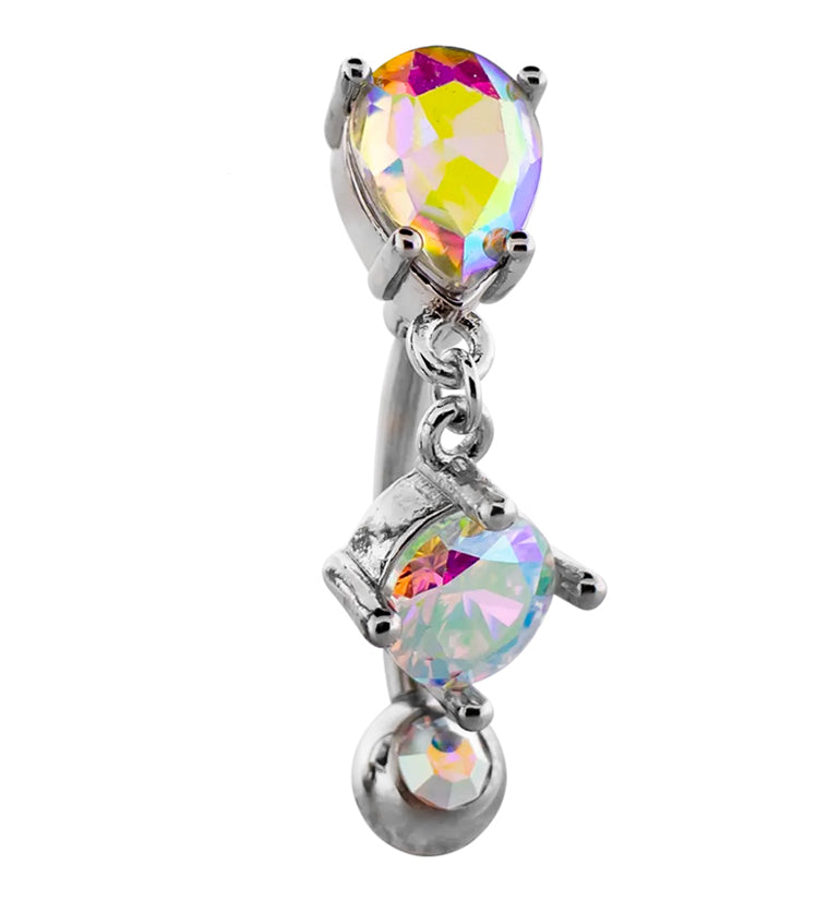 Teardrop Top Rainbow Aurora CZ Dangle Stainless Steel Belly Button Ring