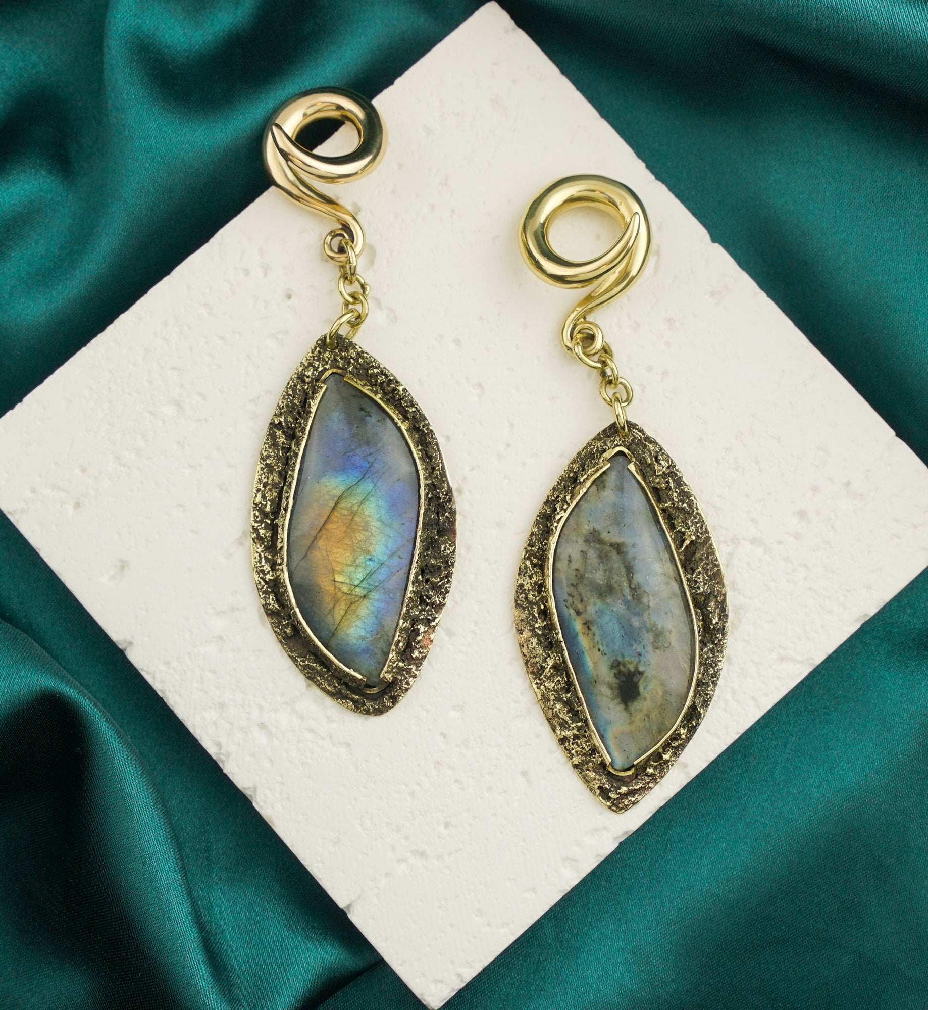 Textured Labradorite Stone Brass Hangers/Ear Weights Version 10