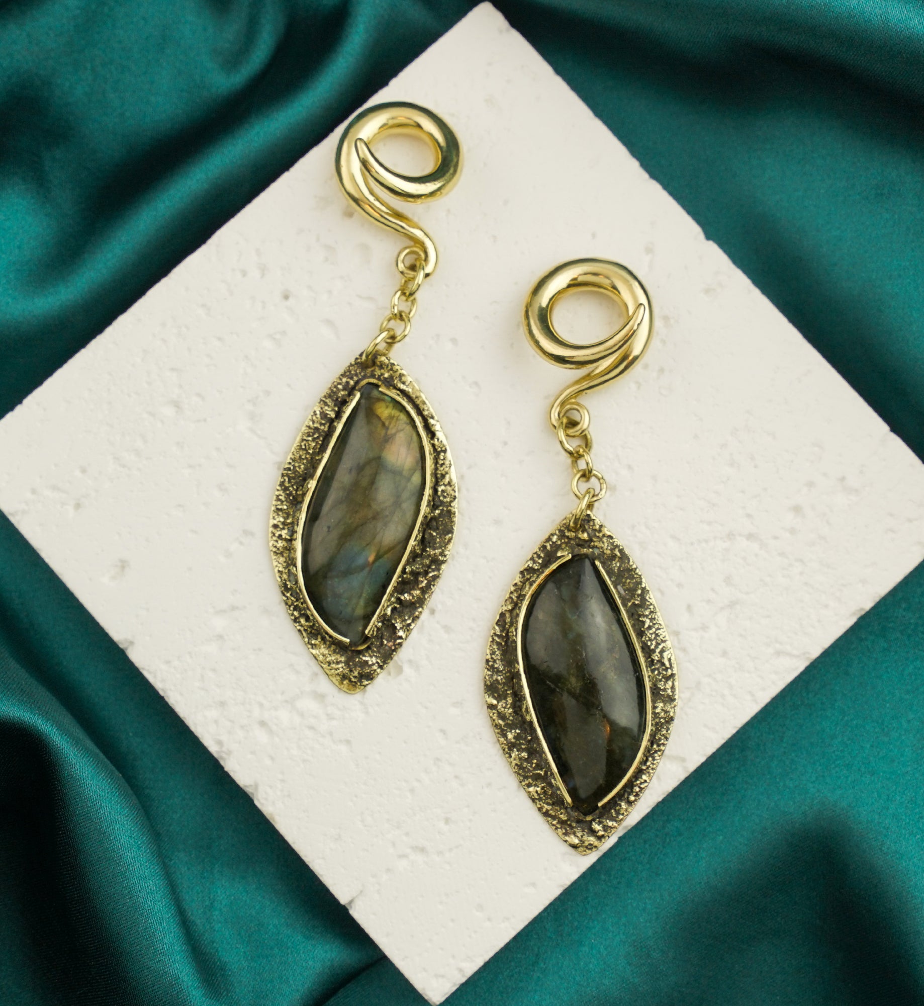 Textured Labradorite Stone Brass Hangers/Ear Weights Version 12