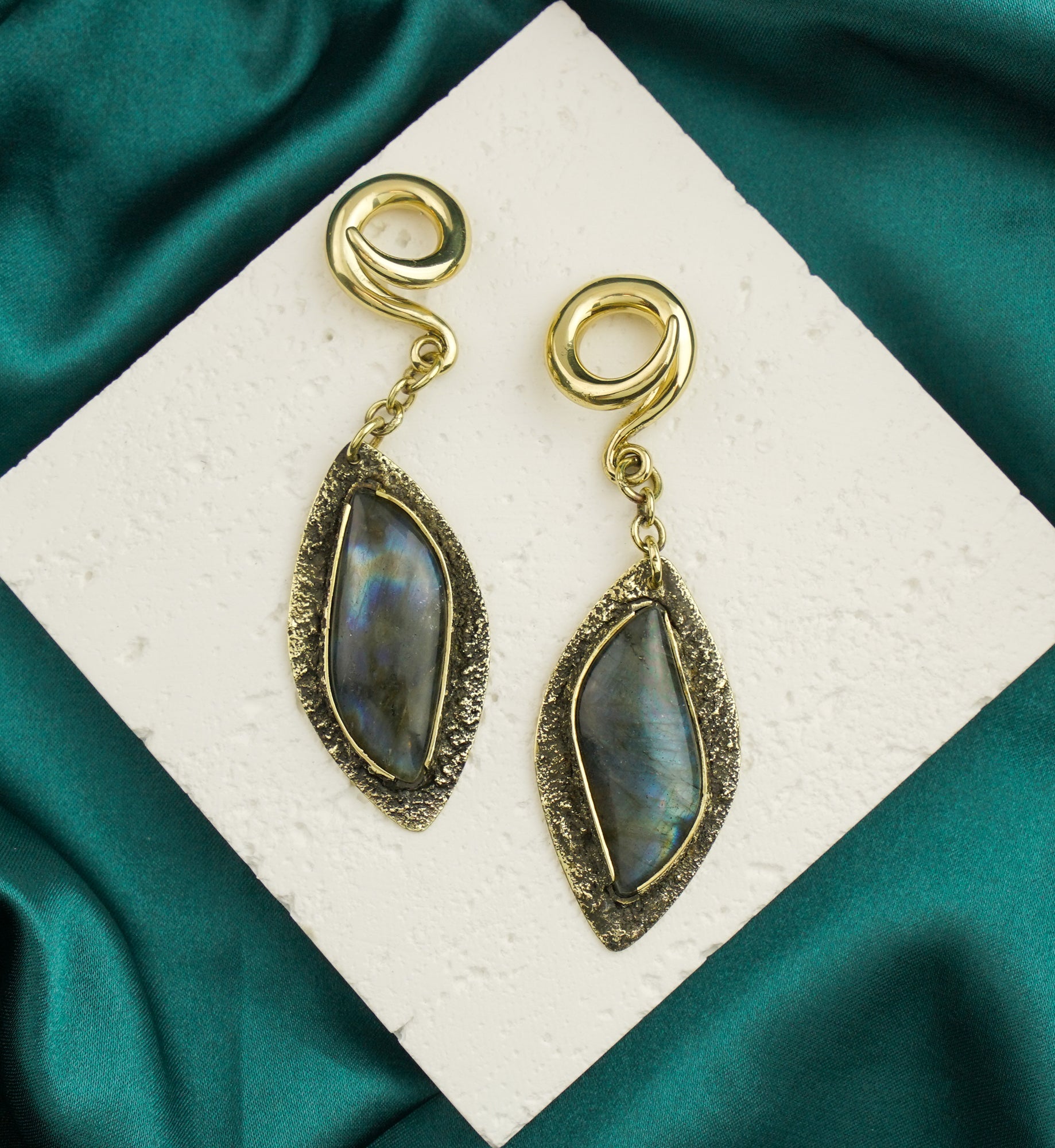 Textured Labradorite Stone Brass Hangers/Ear Weights Version 13