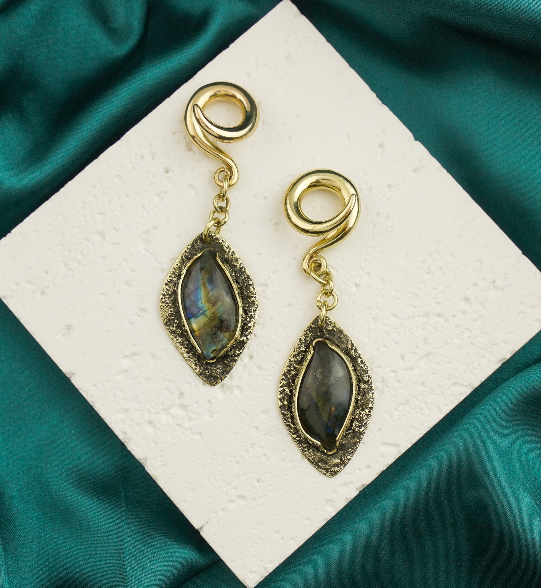 Textured Labradorite Stone Brass Hangers/Ear Weights Version 15