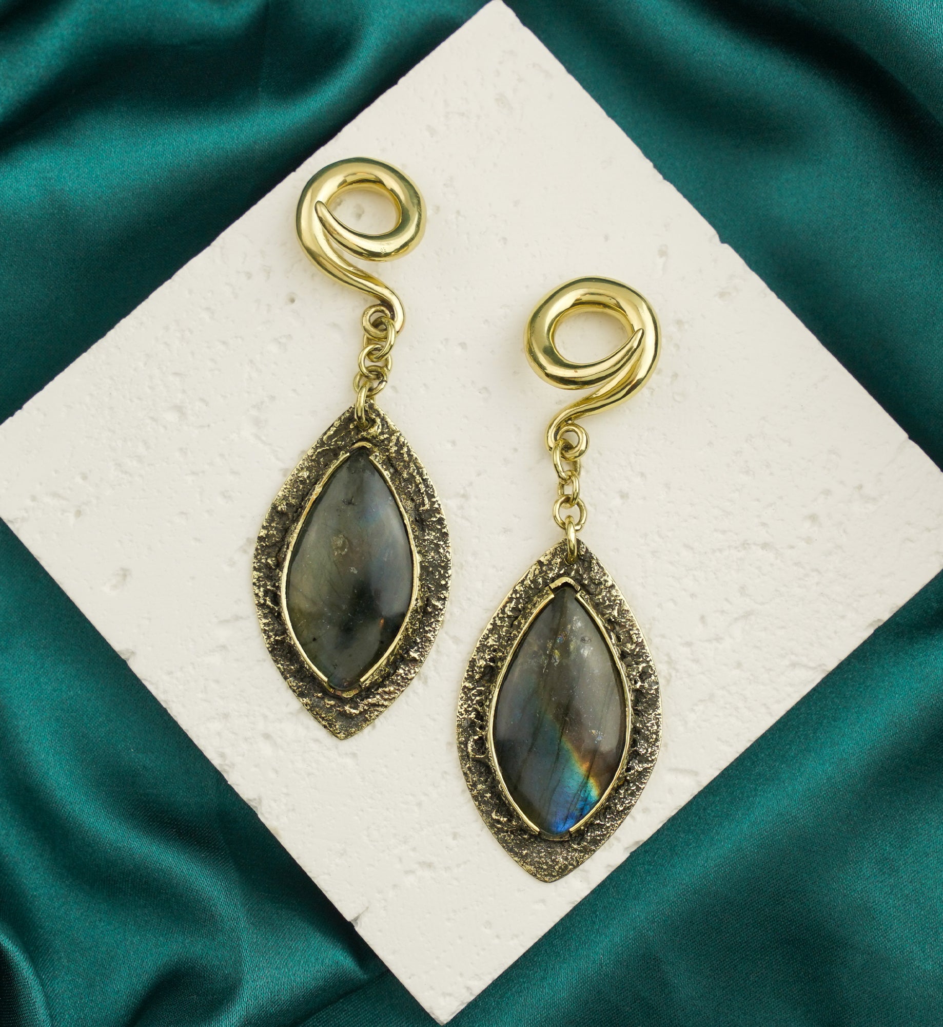 Textured Labradorite Stone Brass Hangers/Ear Weights Version 18
