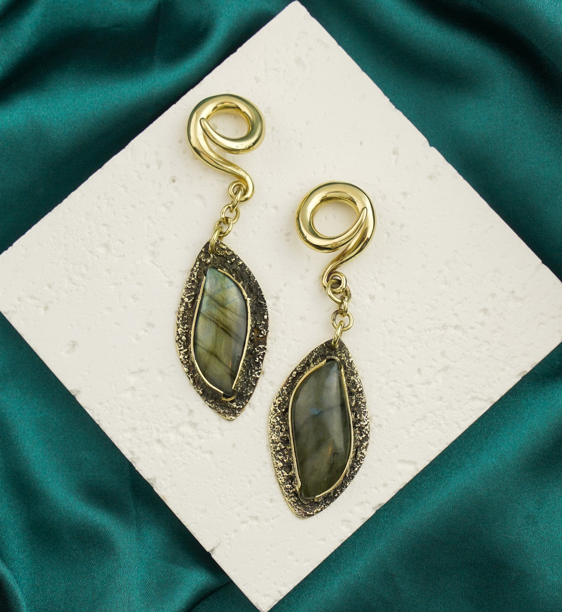 Textured Labradorite Stone Brass Hangers/Ear Weights Version 19