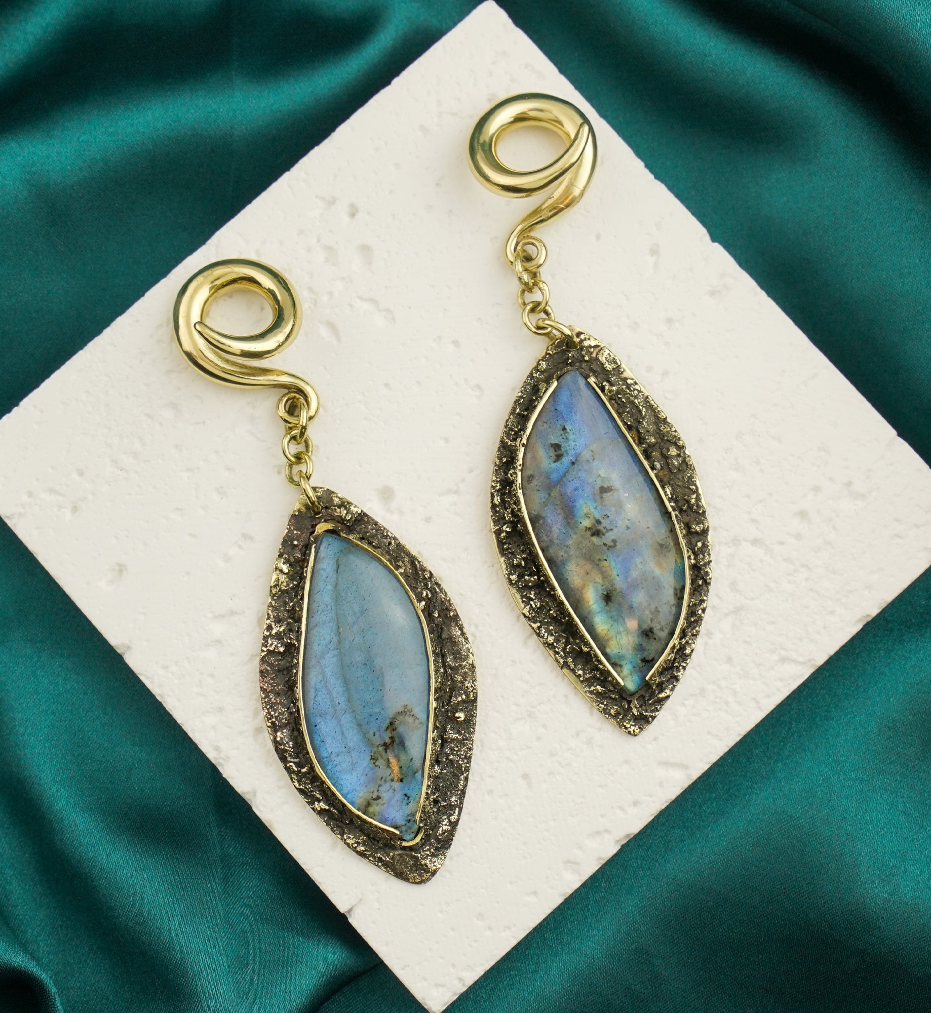 Textured Labradorite Stone Brass Hangers/Ear Weights Version 20
