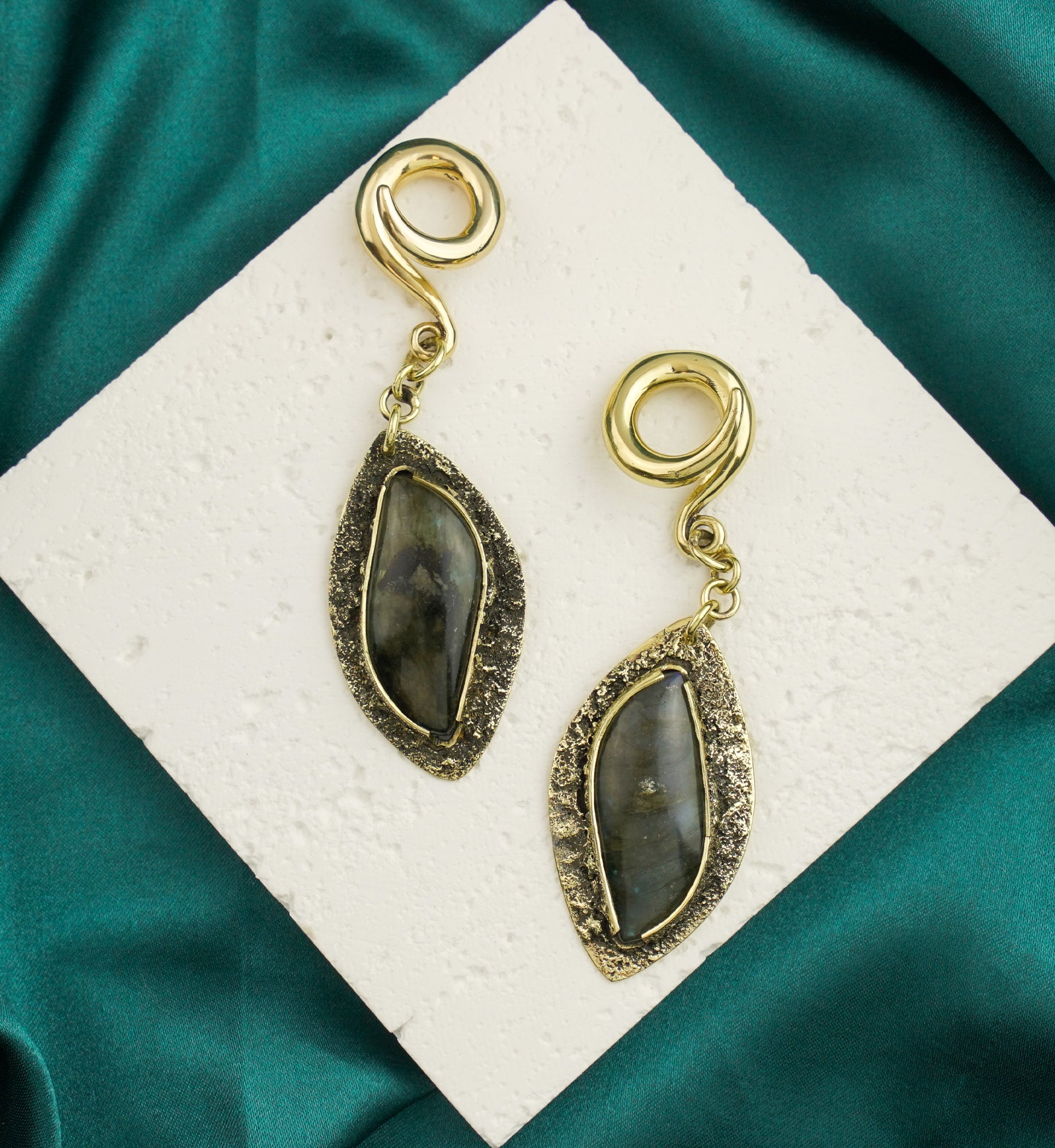 Textured Labradorite Stone Brass Hangers/Ear Weights Version 24