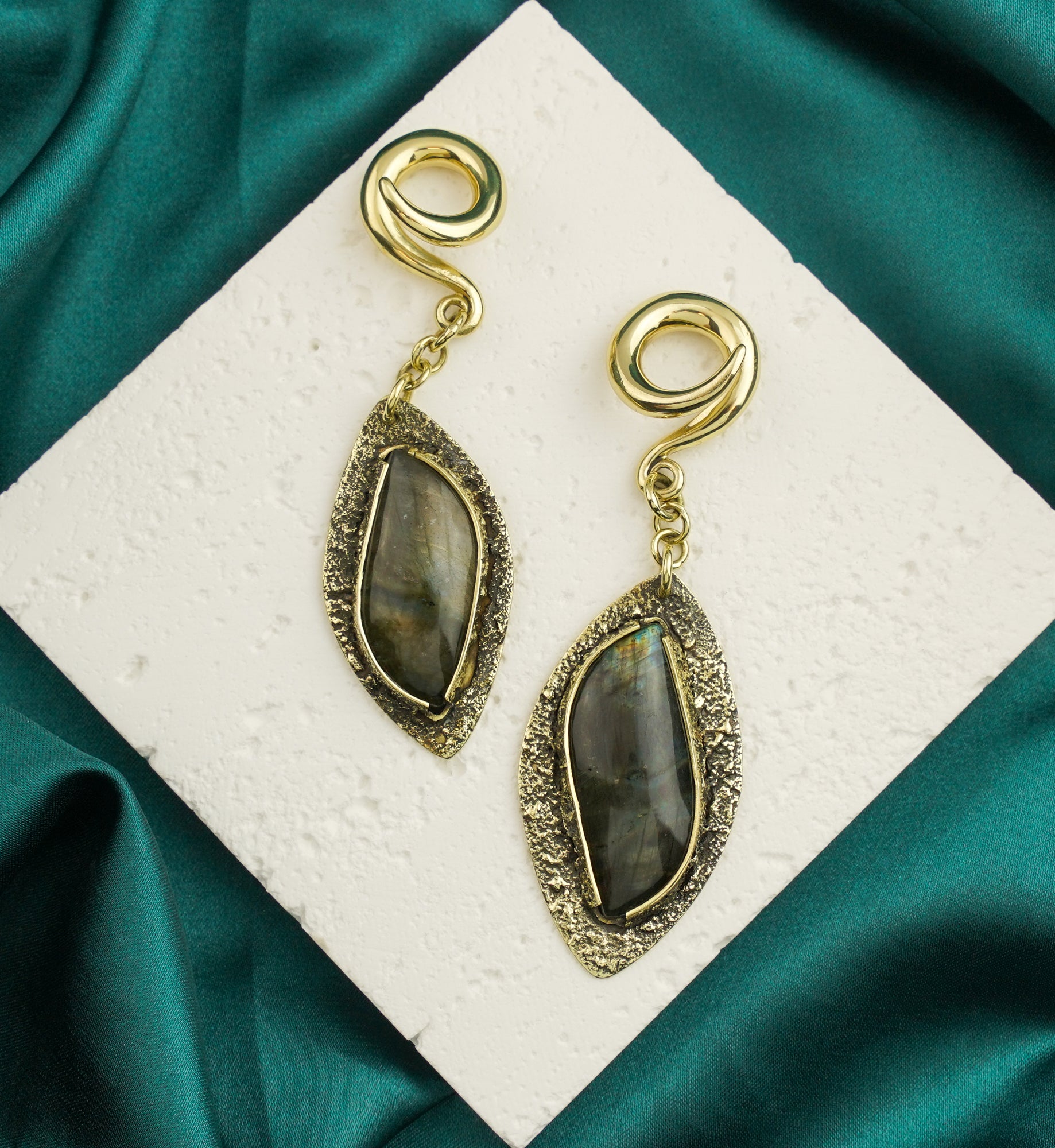 Textured Labradorite Stone Brass Hangers/Ear Weights Version 28