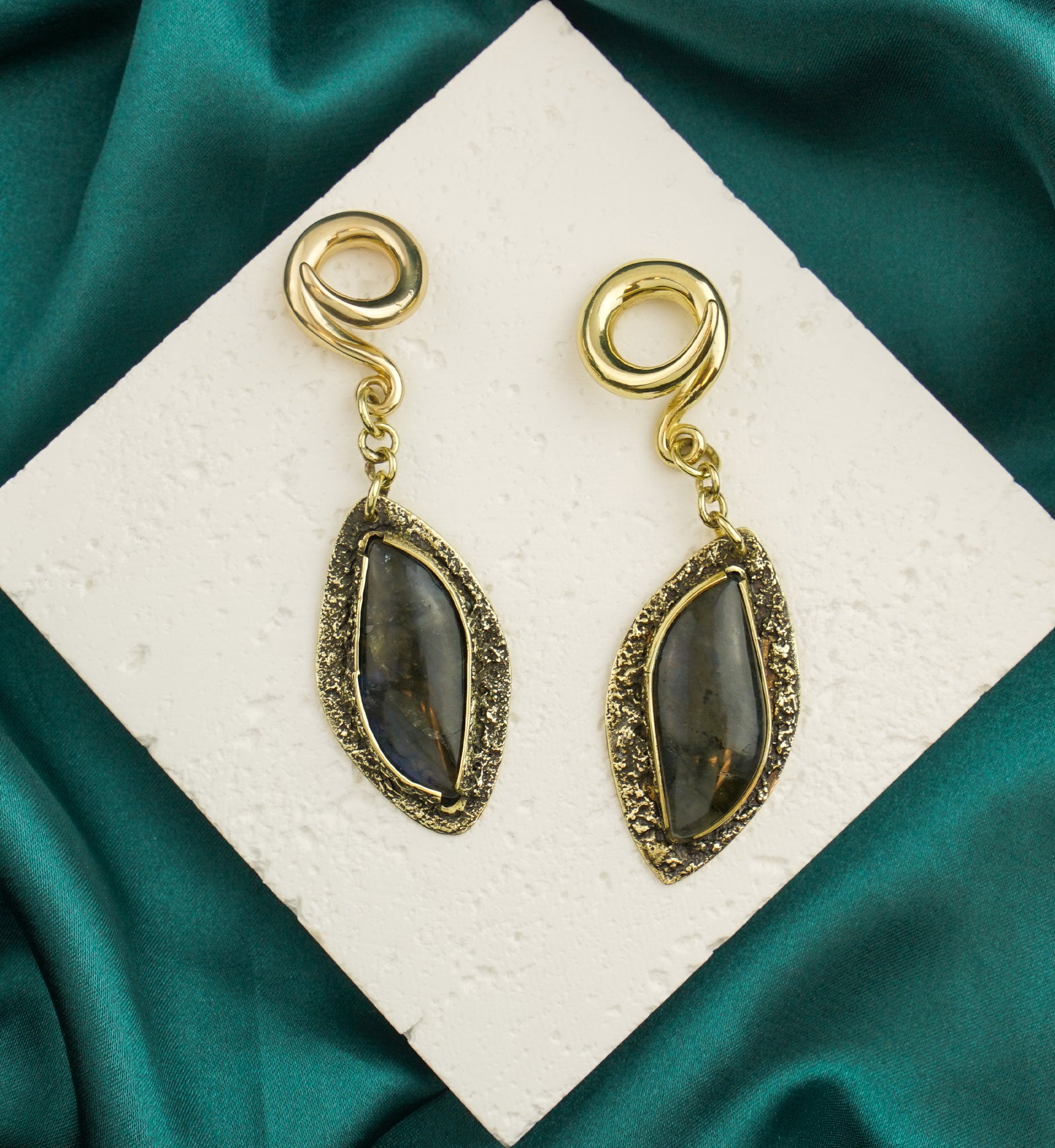 Textured Labradorite Stone Brass Hangers/Ear Weights Version 3