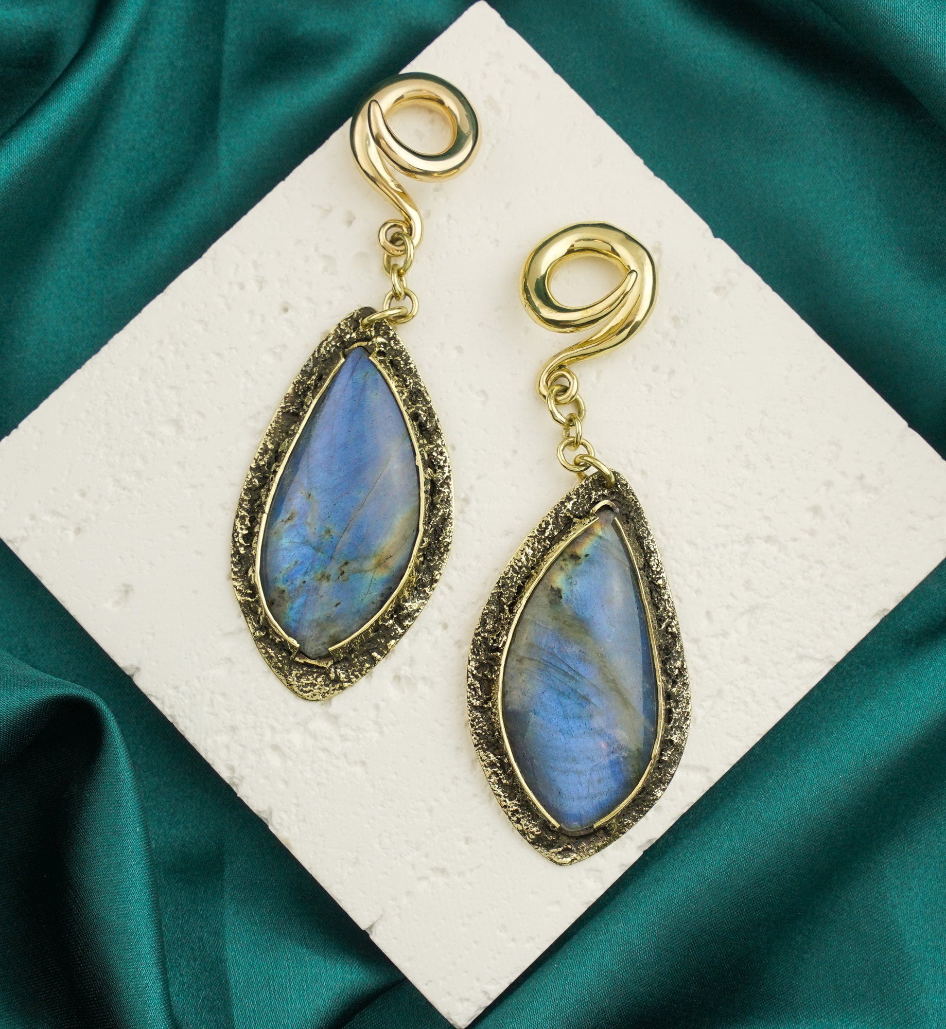 Textured Labradorite Stone Brass Hangers/Ear Weights Version 30