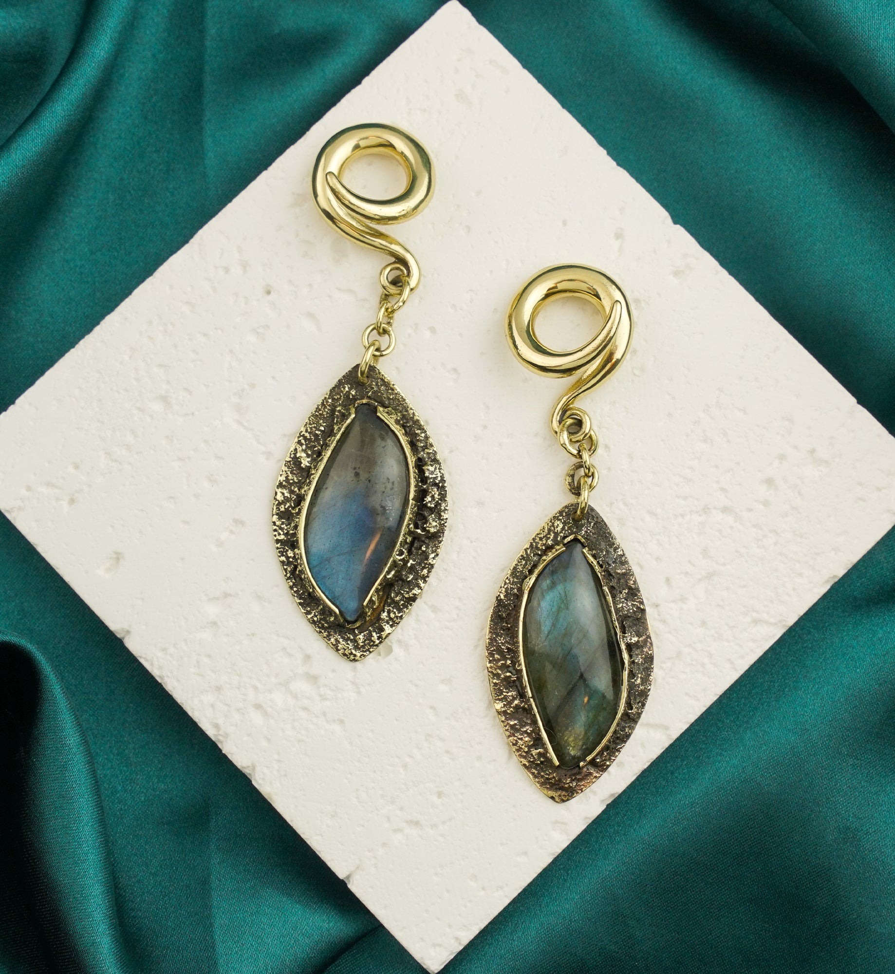 Textured Labradorite Stone Brass Hangers/Ear Weights Version 32