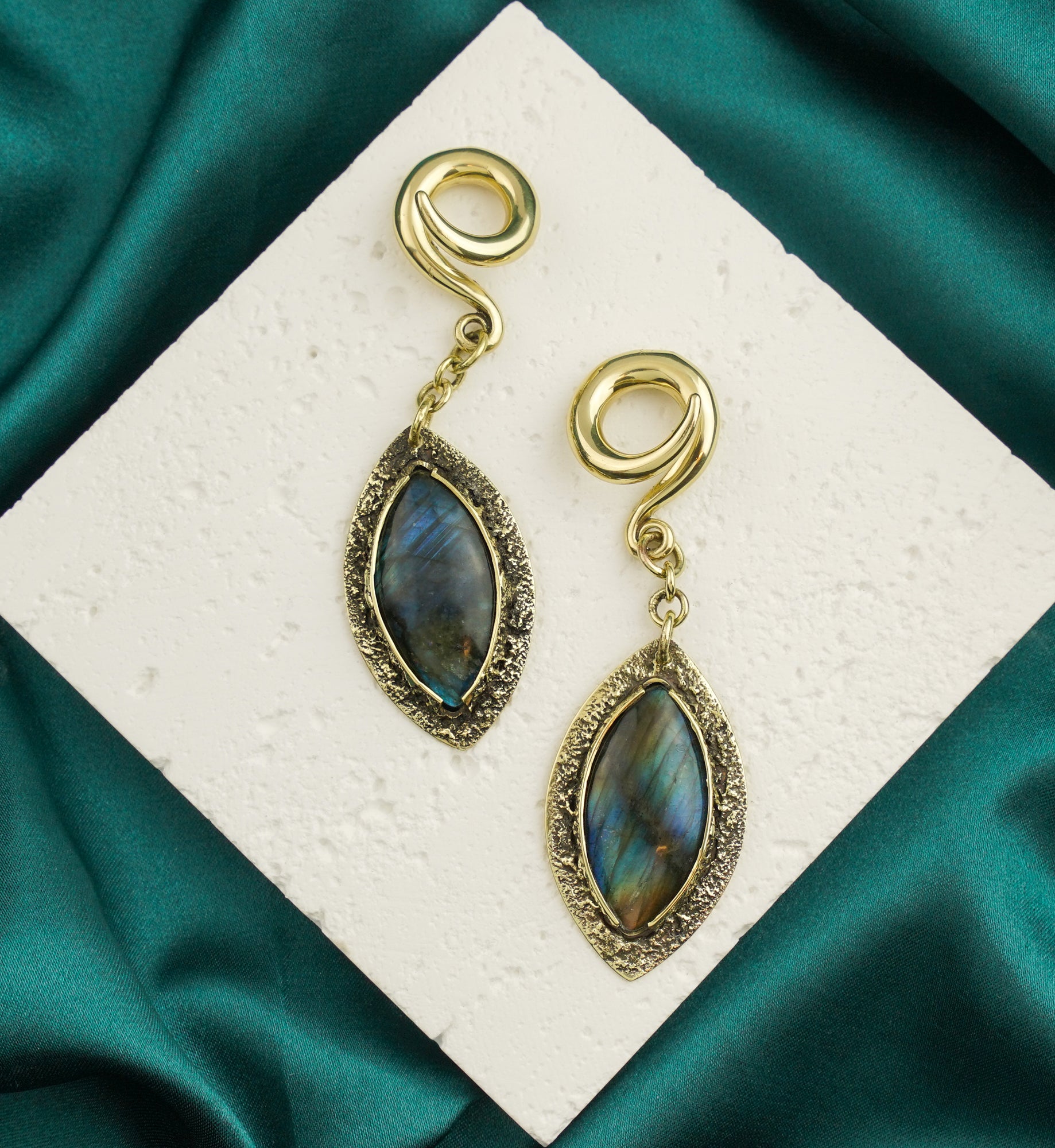 Textured Labradorite Stone Brass Hangers/Ear Weights Version 35