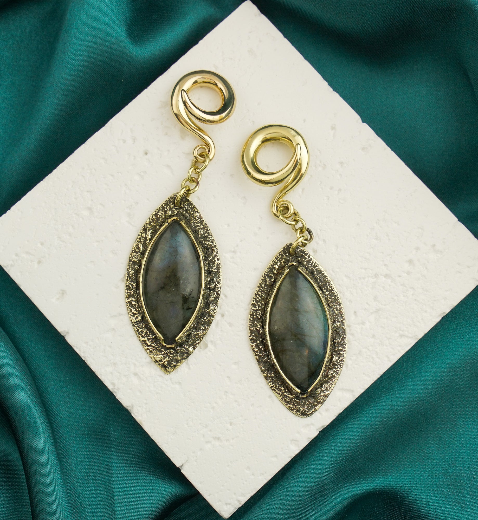 Textured Labradorite Stone Brass Hangers/Ear Weights Version 4