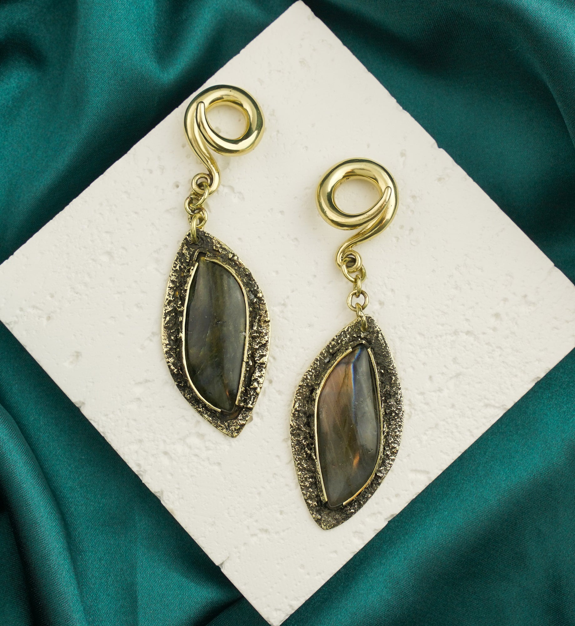 Textured Labradorite Stone Brass Hangers/Ear Weights Version 6