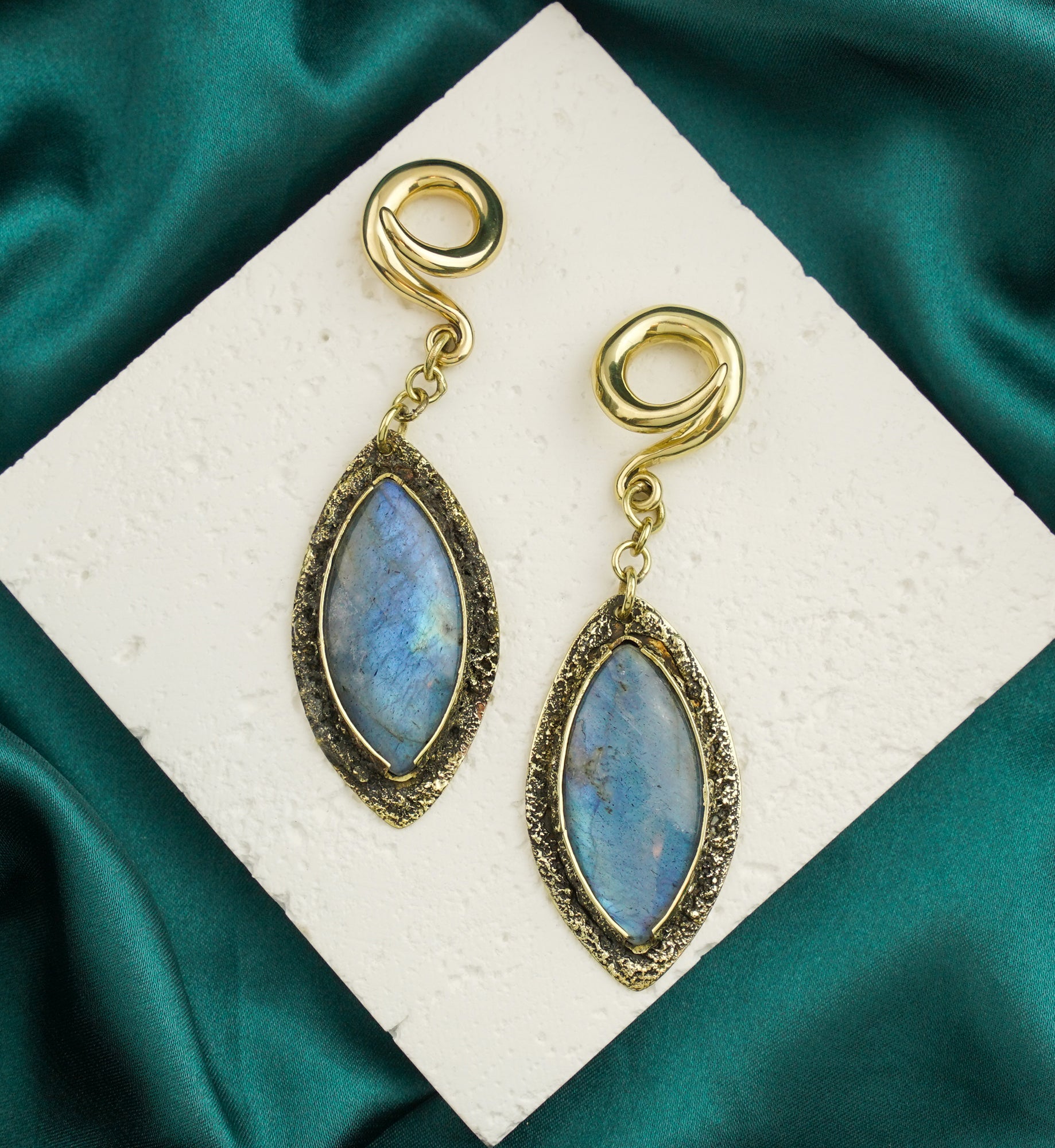 Textured Labradorite Stone Brass Hangers/Ear Weights Version 9