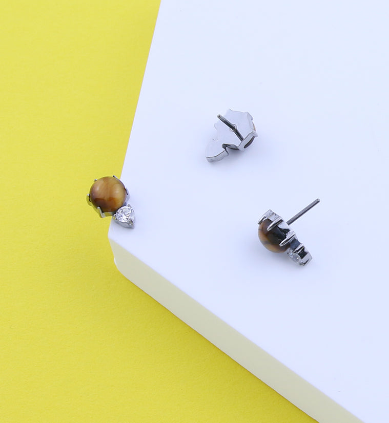 Tiger Eye Stone Drop Clear CZ Titanium Threadless Top