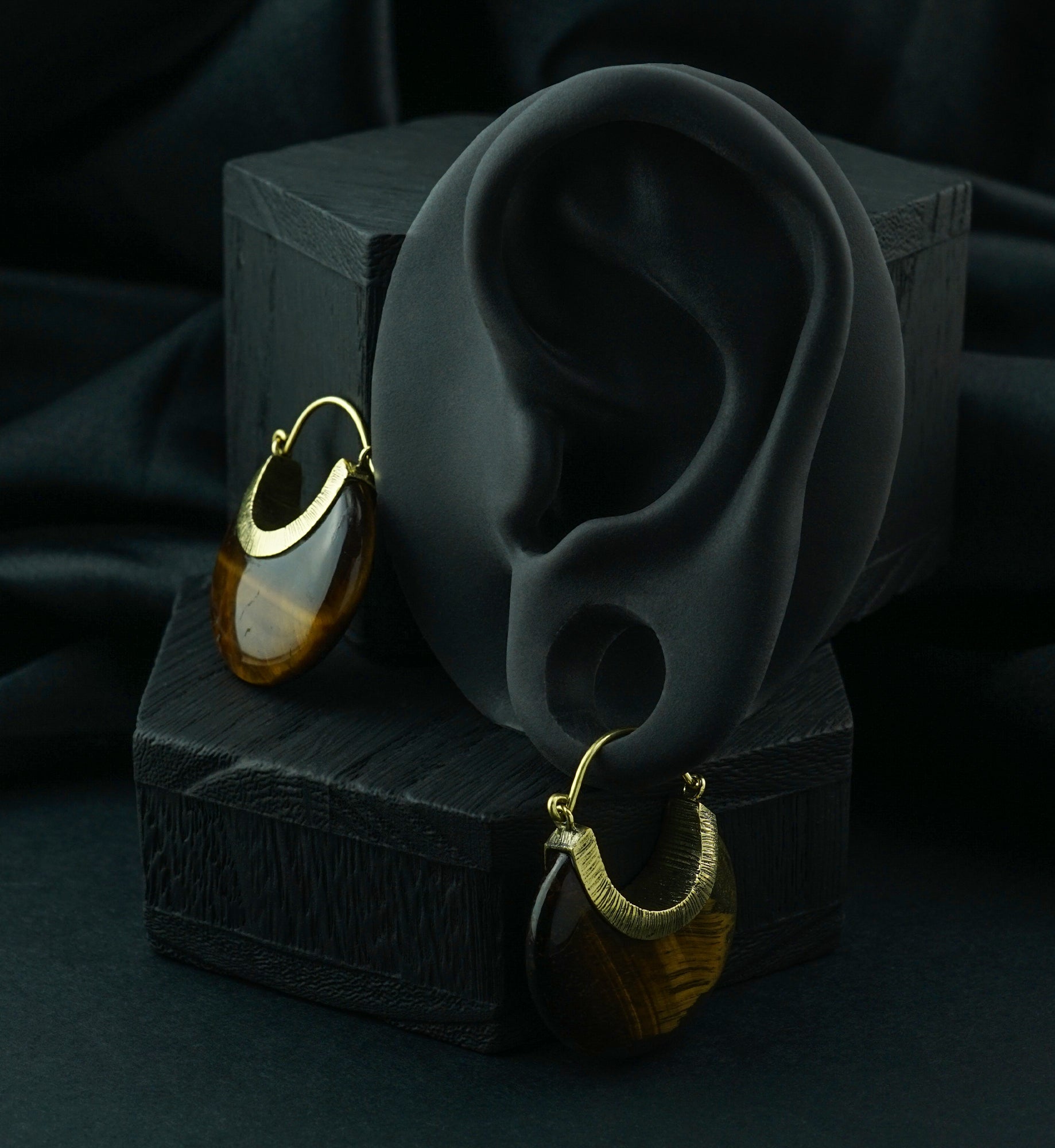 Tiger Eye Textured Brass Stone Earrings