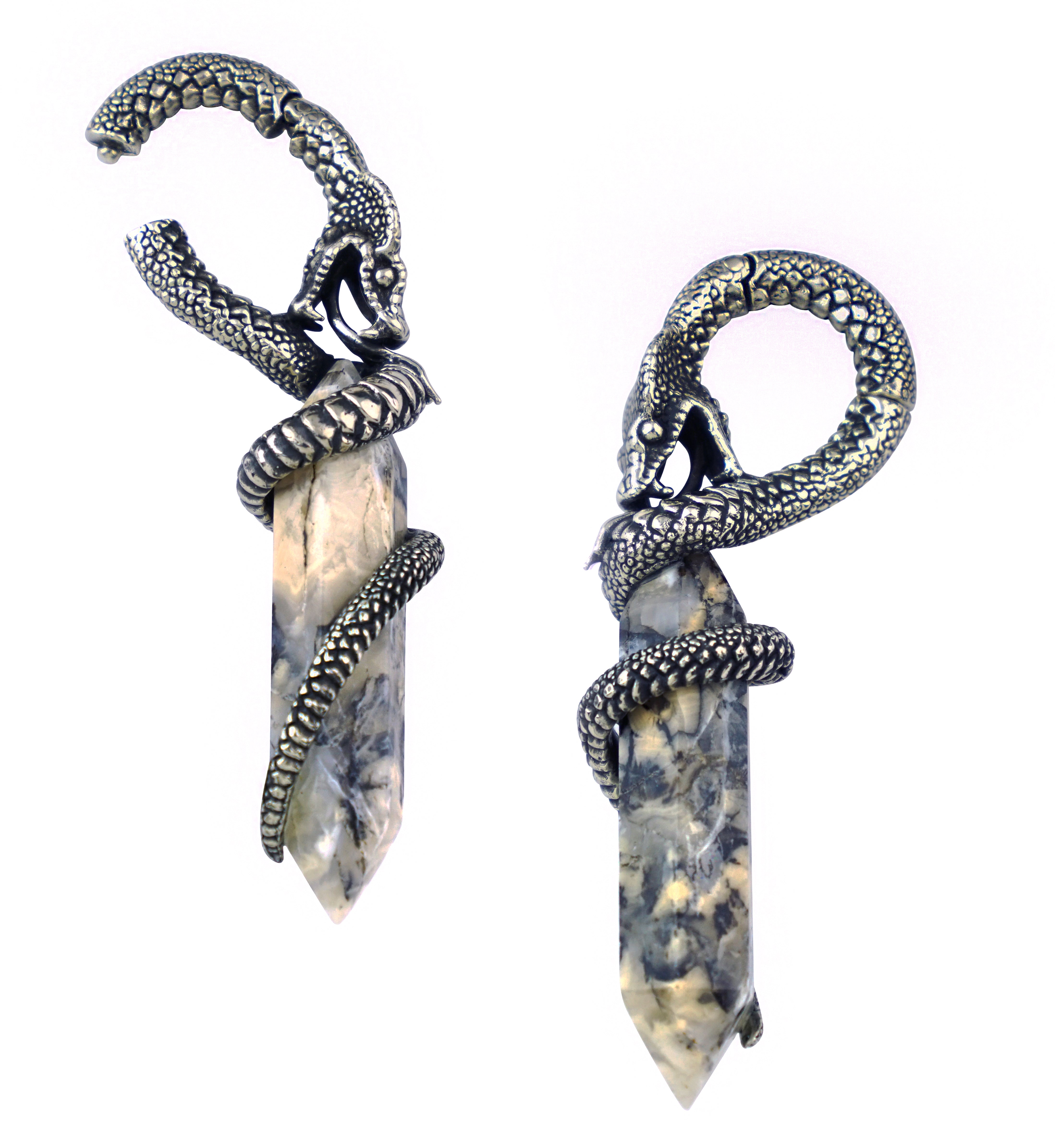 Tiger's Agate Cobra White Brass Hinged Ear Weights