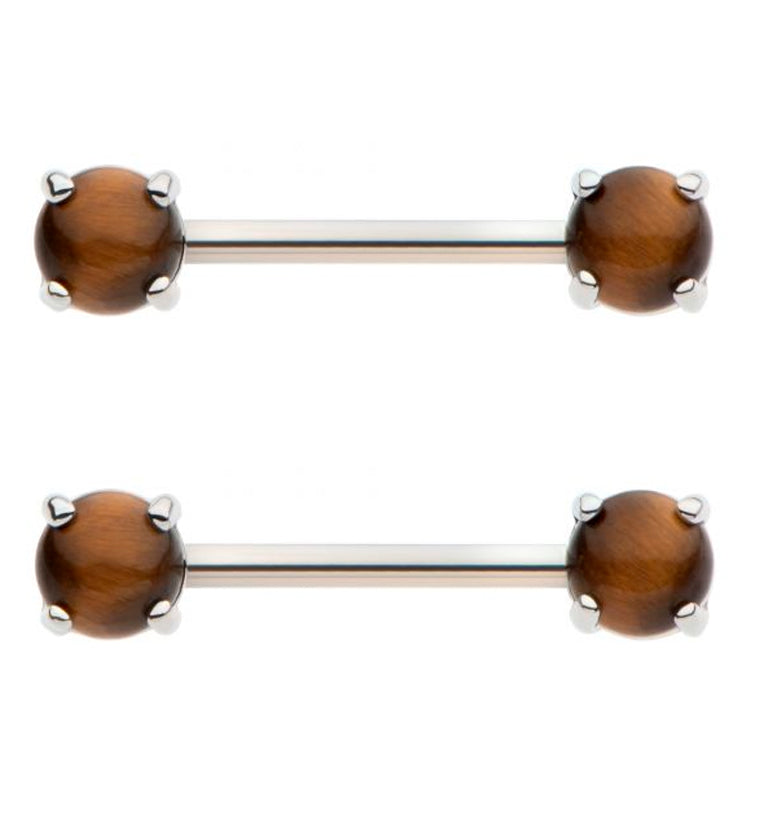 Tiger's Eye Stone Prong Stainless Steel Nipple Barbell