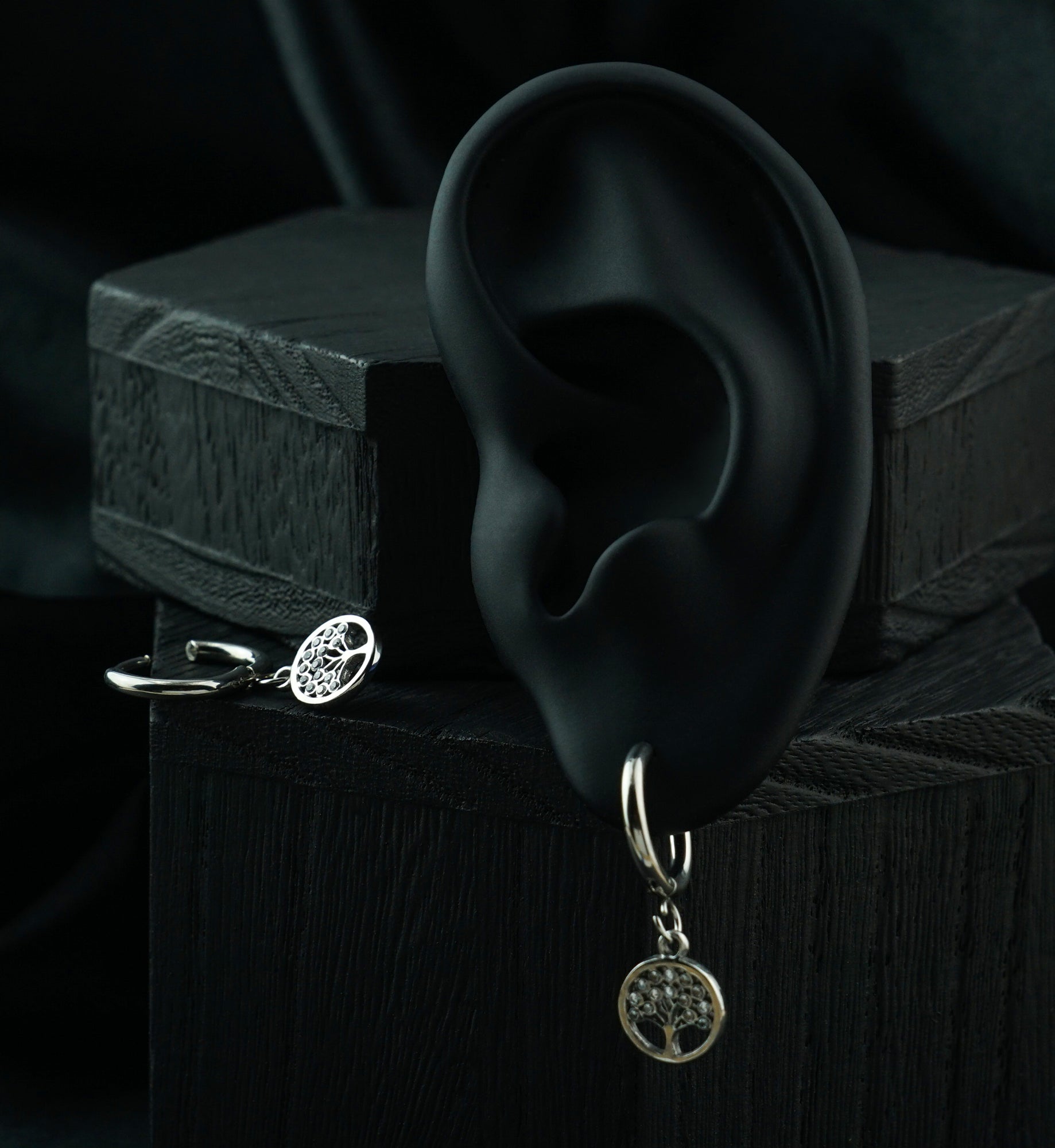 Tree of Life Clear CZ Stainless Steel Hinged Hoop Huggie Dangle Earrings