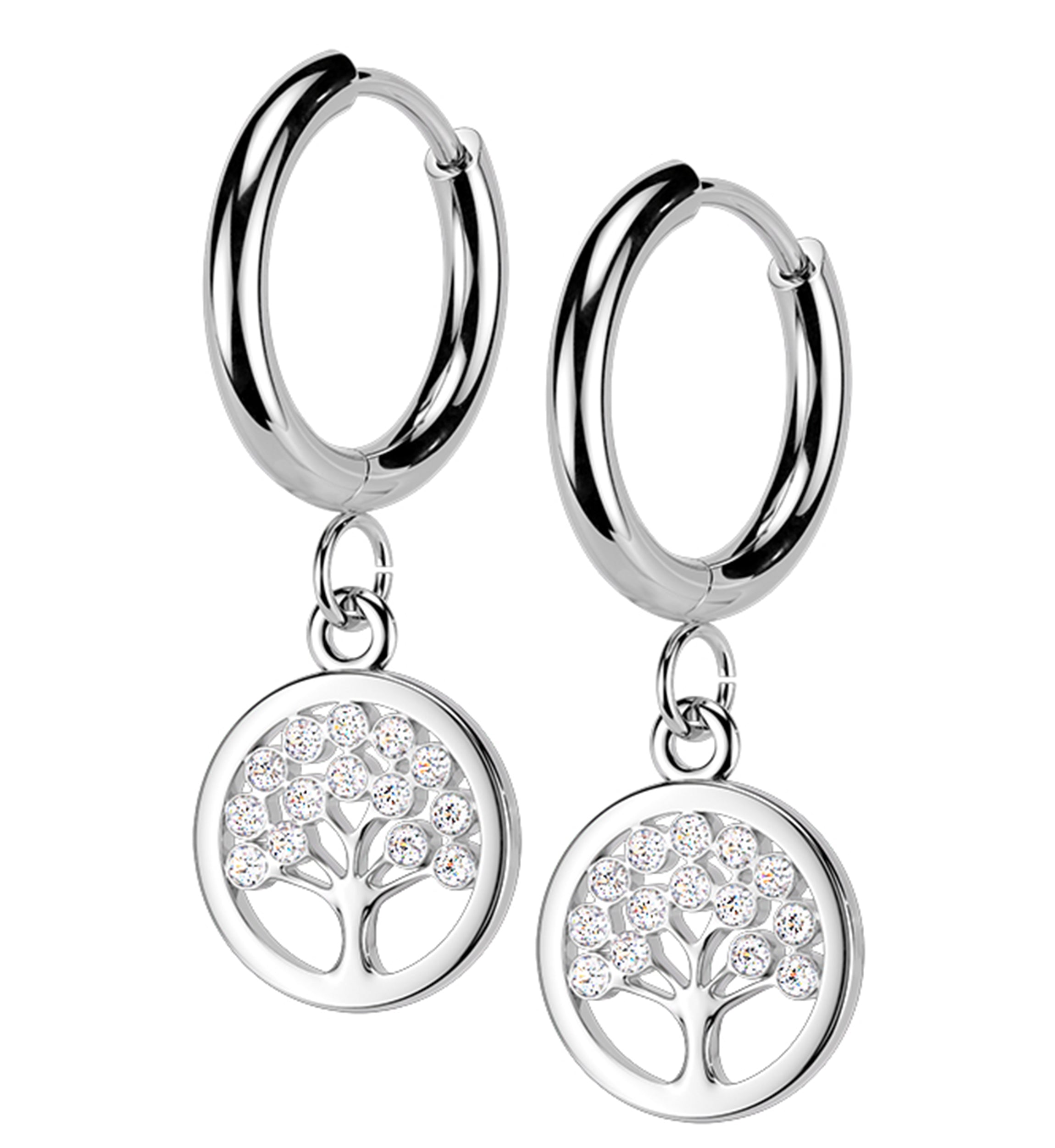 Tree of Life Clear CZ Stainless Steel Hinged Hoop Huggie Dangle Earrings