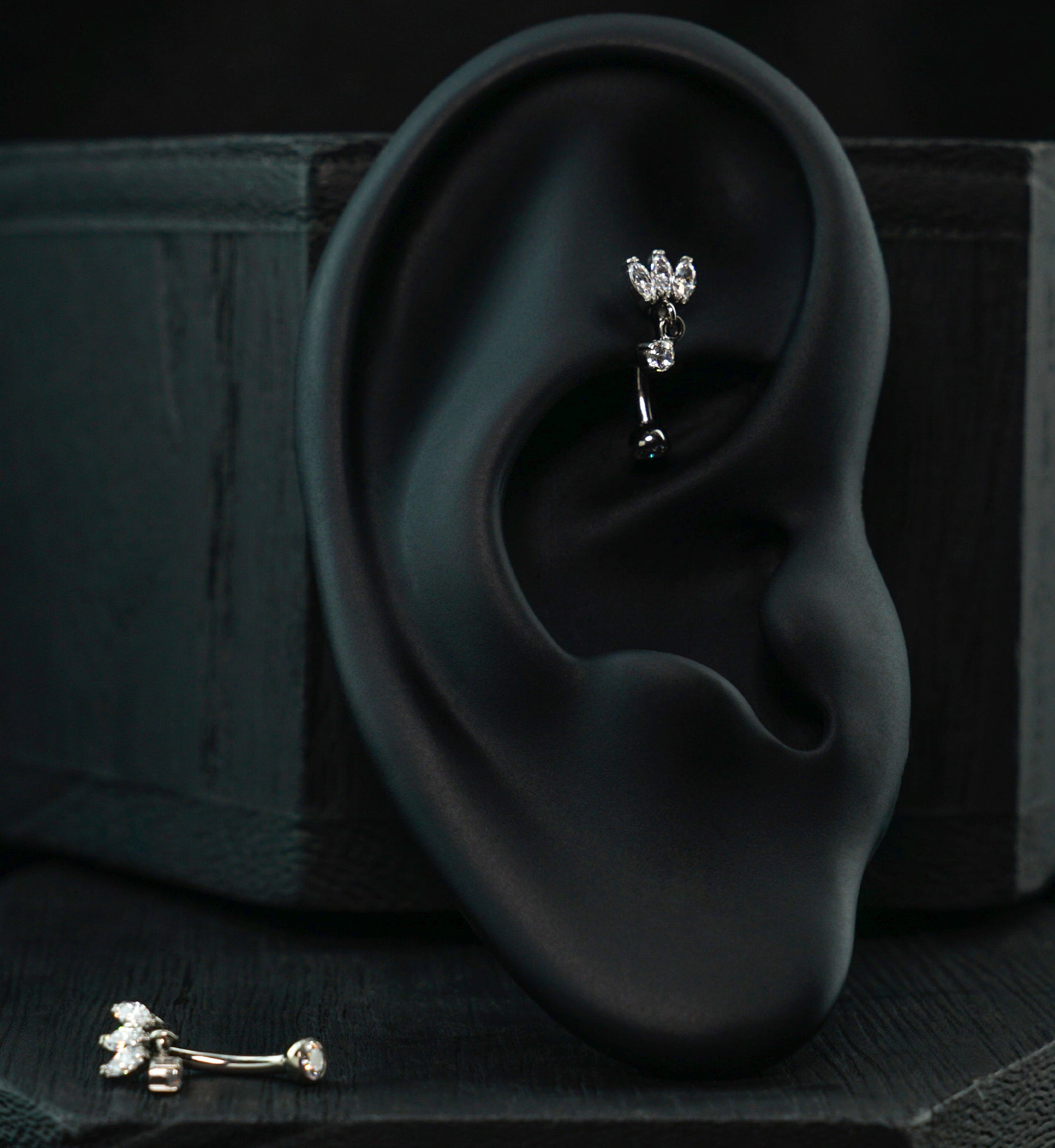 Tri Sepal Floating Clear CZ Dangle Titanium Internally Threaded Curved Barbell