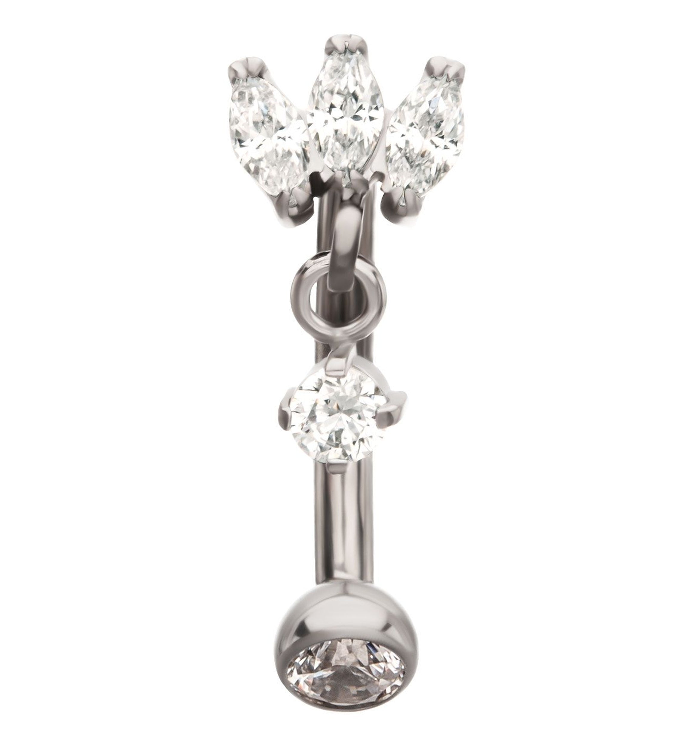 Tri Sepal Floating Clear CZ Dangle Titanium Internally Threaded Curved Barbell