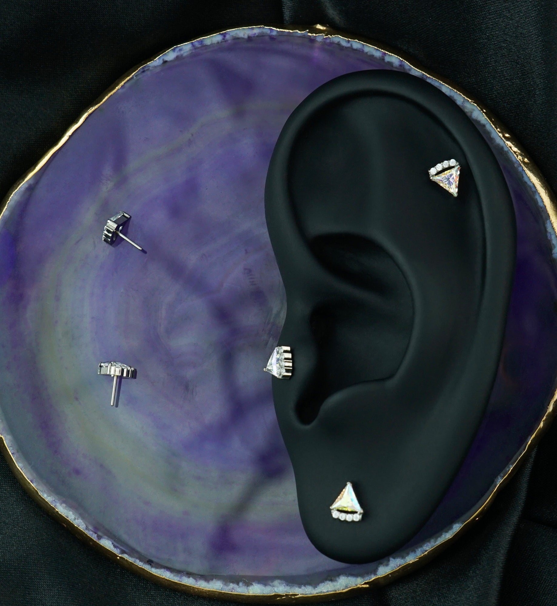 Triangle Slice Rainbow Aurora CZ Titanium Threadless Top