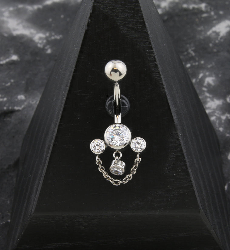 Trifecta Clear CZ Dangle Chain Internally Threaded Titanium Belly Butt
