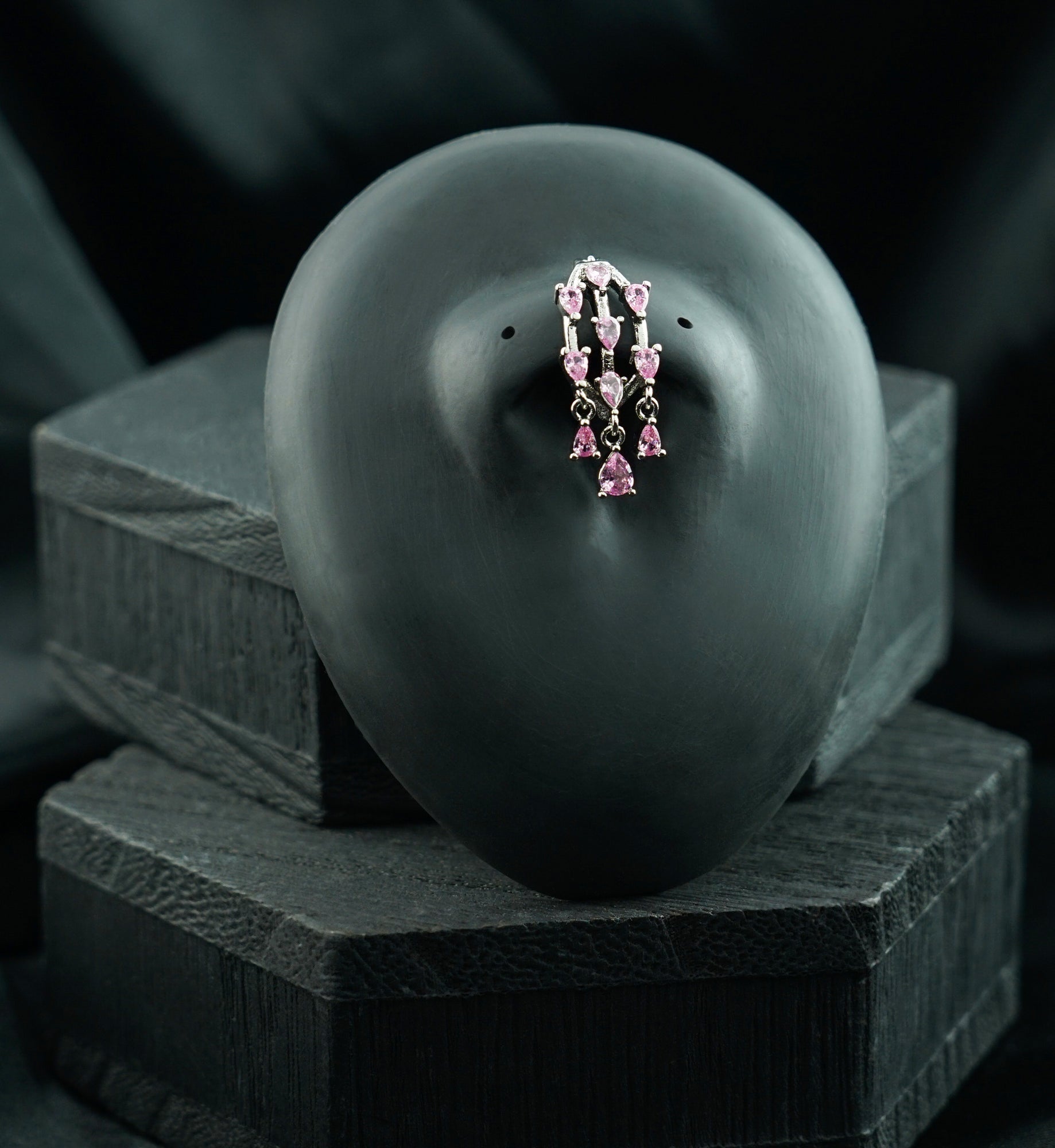 Triple Bar Teardrops Pink CZ Dangle Stainless Steel Hinged Belly Button Ring