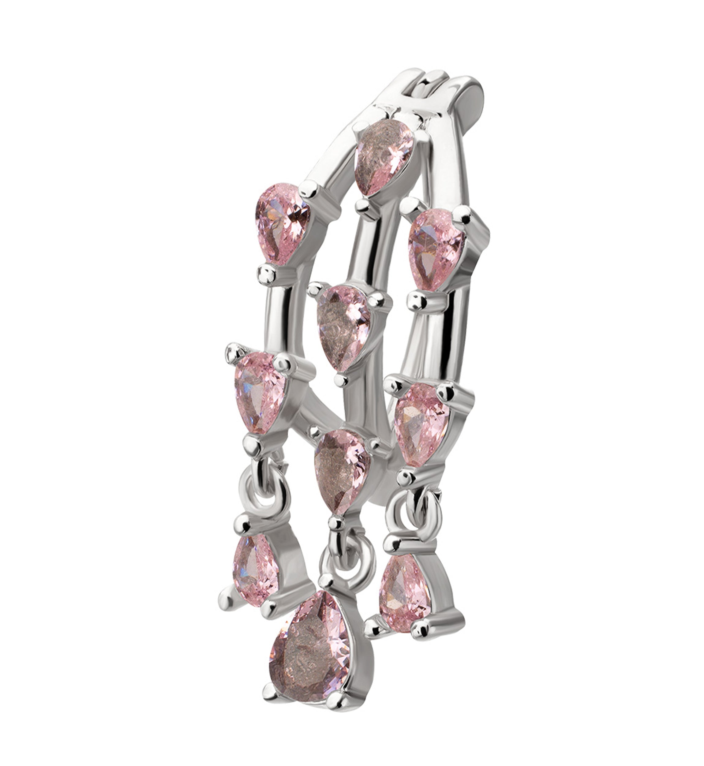 Triple Bar Teardrops Pink CZ Dangle Stainless Steel Hinged Belly Button Ring