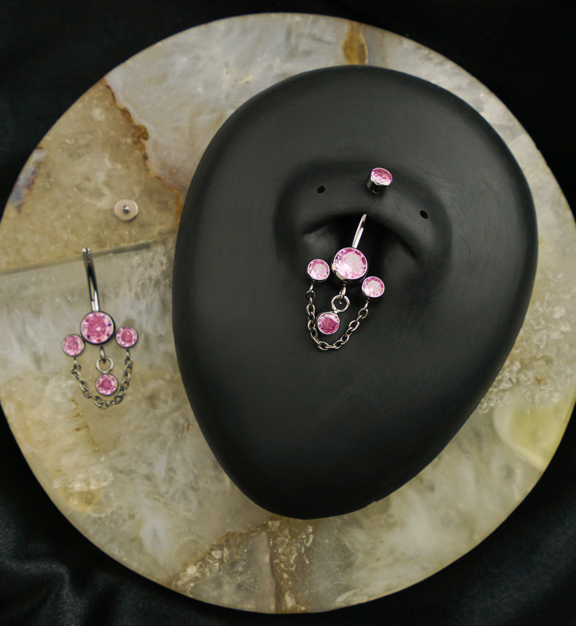 Triple Bezel Light Pink CZ Dangle Chain Titanium Internally Threaded Belly Button Ring